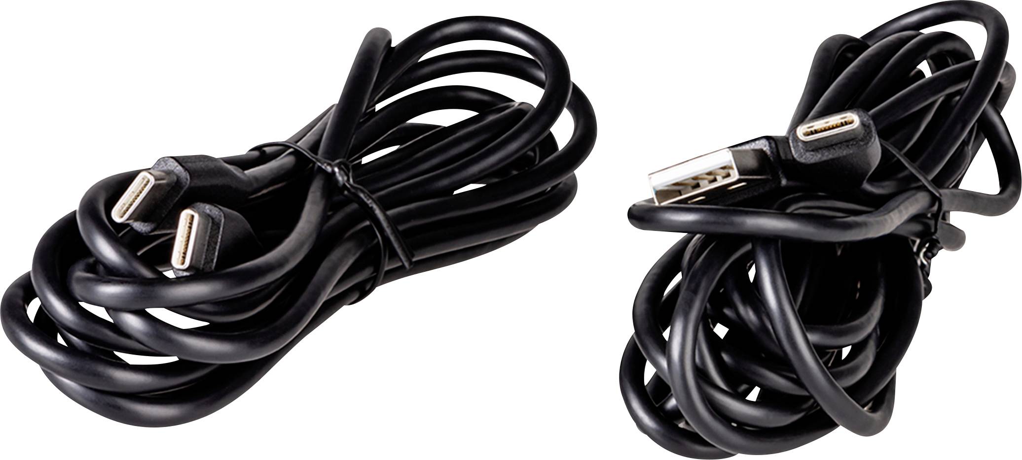 Zwei zusammengerollte schwarze USB-Kabel mit USB- und USB-C-Anschlüssen, auf weißem Hintergrund.