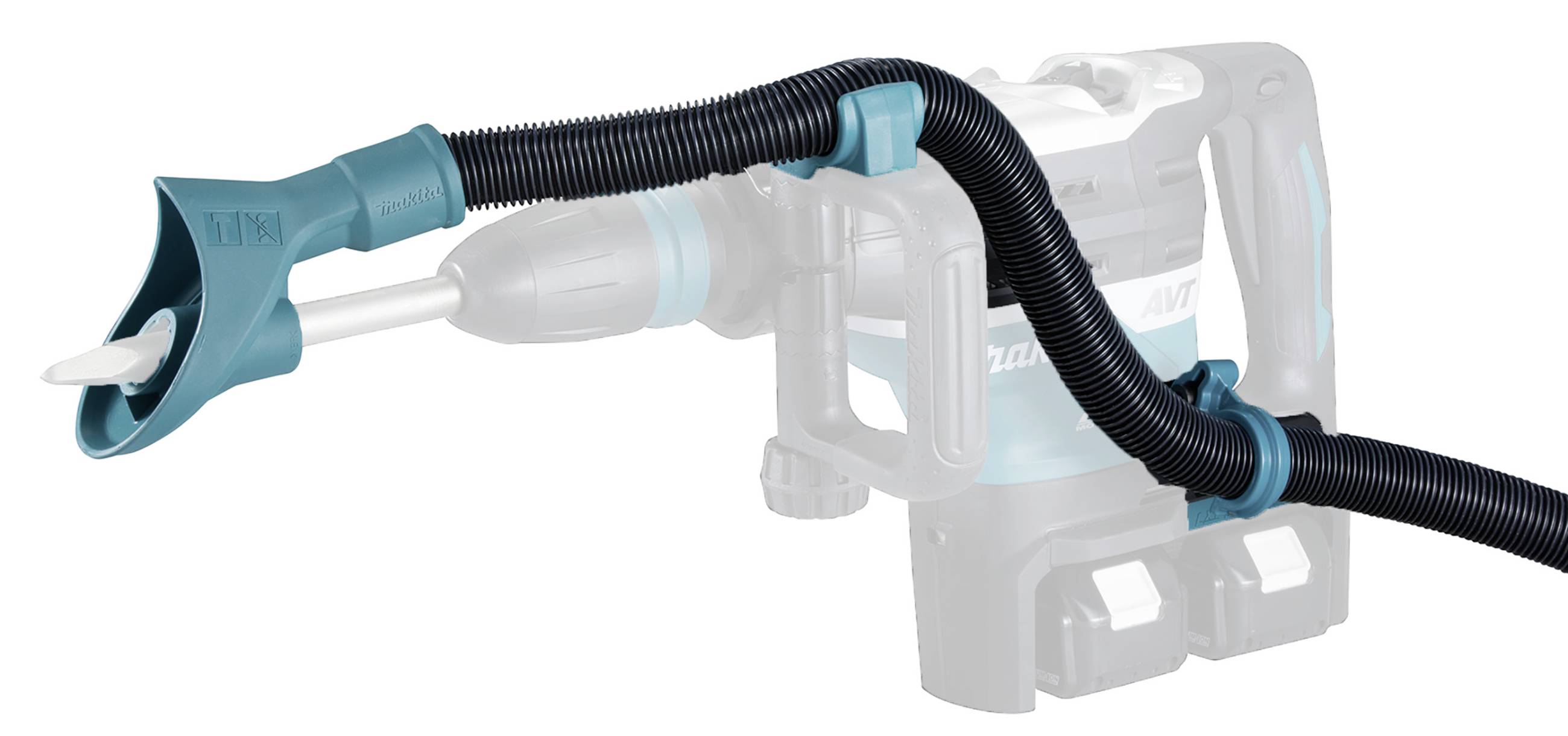 Ein Staubsaugeraufsatz, der an einem Bohrgerät befestigt ist, um Staub zu sammeln. Der Aufsatz ist flexibel und blau.