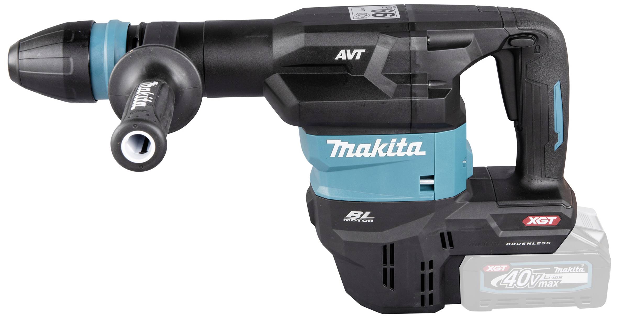 Ein kabelloser Bohrhammer mit seitlichem Griff und robustem Design. Erkennbar durch das blau-schwarze Farbschema mit 'Makita'-Logo.