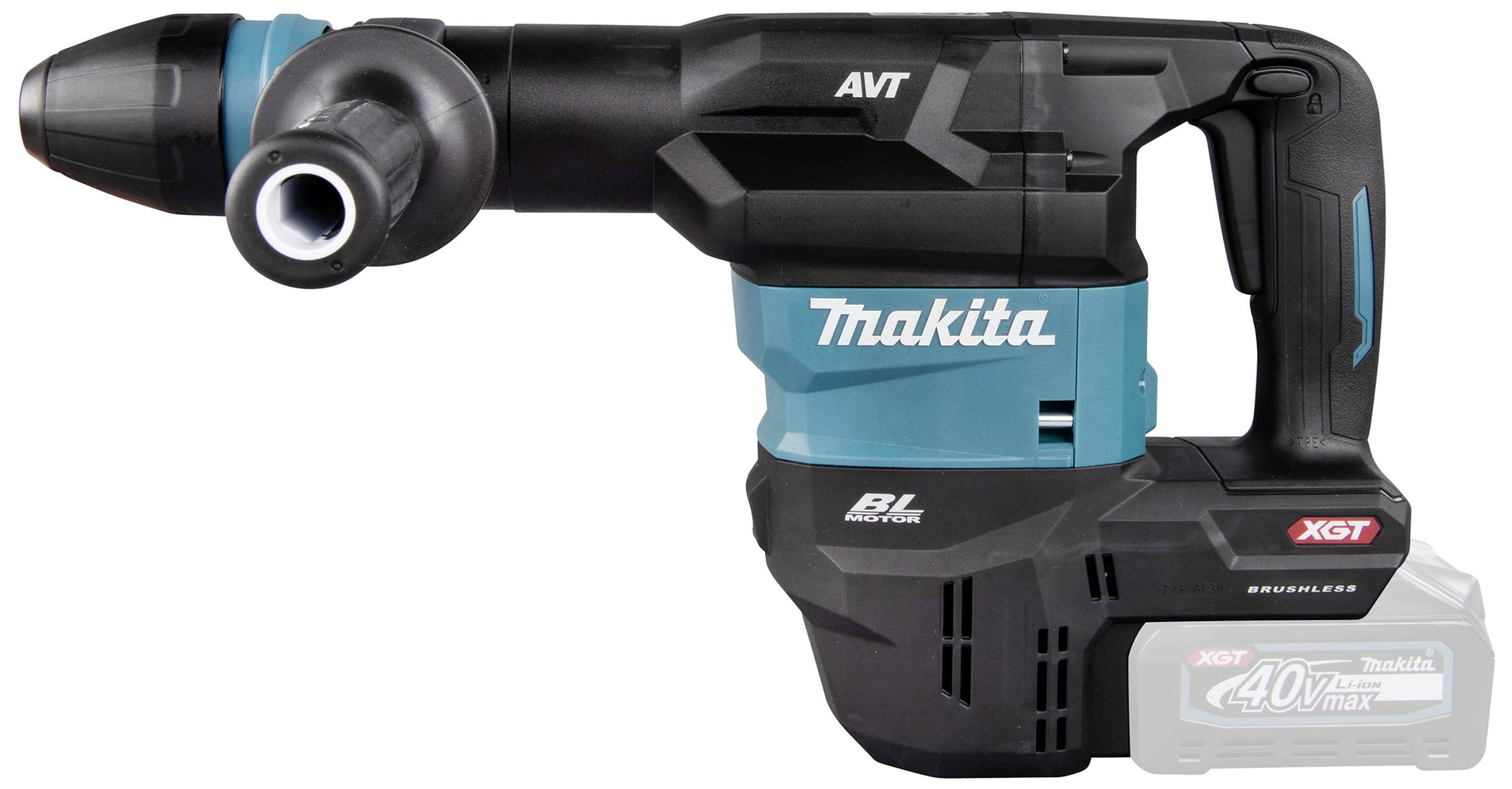 Ein kabelloser Bohrhammer der Marke Makita, Modell XGT, in Schwarz und Blau. Ausgestattet mit einem bürstenlosen Motor für hohe Leistung.