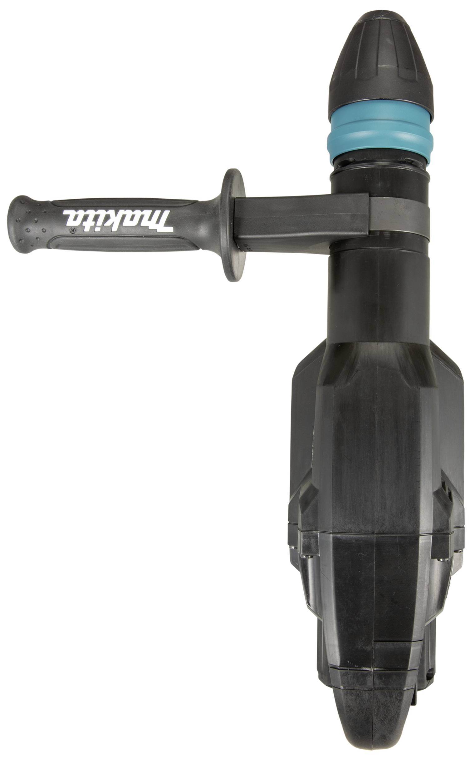 Elektrowerkzeug, schwarzer Bohrhammer von oben, ein blauer Ring um den Schaft, Griff mit 'Makita'-Logo linksseitig befestigt.