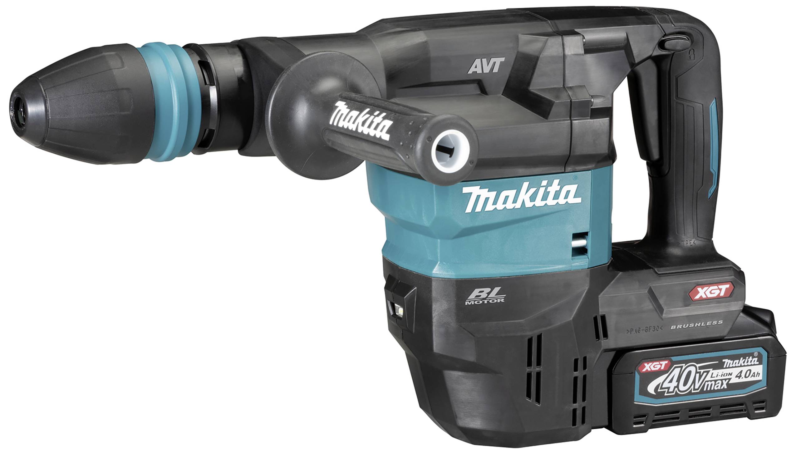 Bohrhammer von Makita, Modell mit blauer und schwarzer Farbgebung, seitlicher Griff.