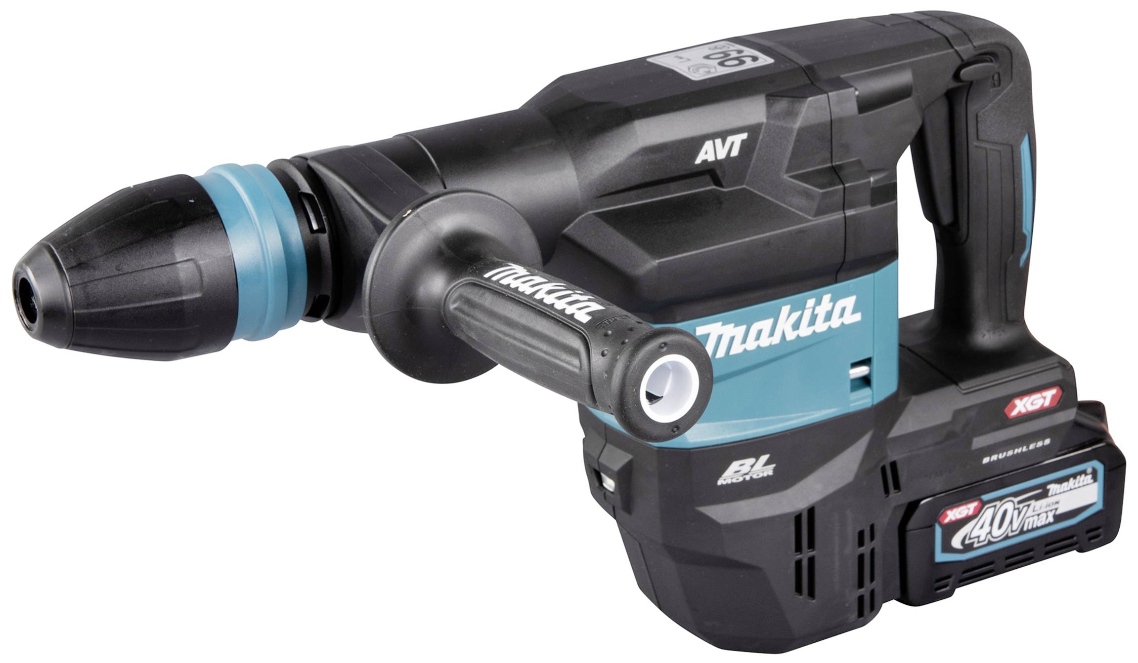 Bohrhammer von Makita, schwarz und blau, mit ergonomischem Griff und Wechsel-Akku für Baustellenarbeiten.
