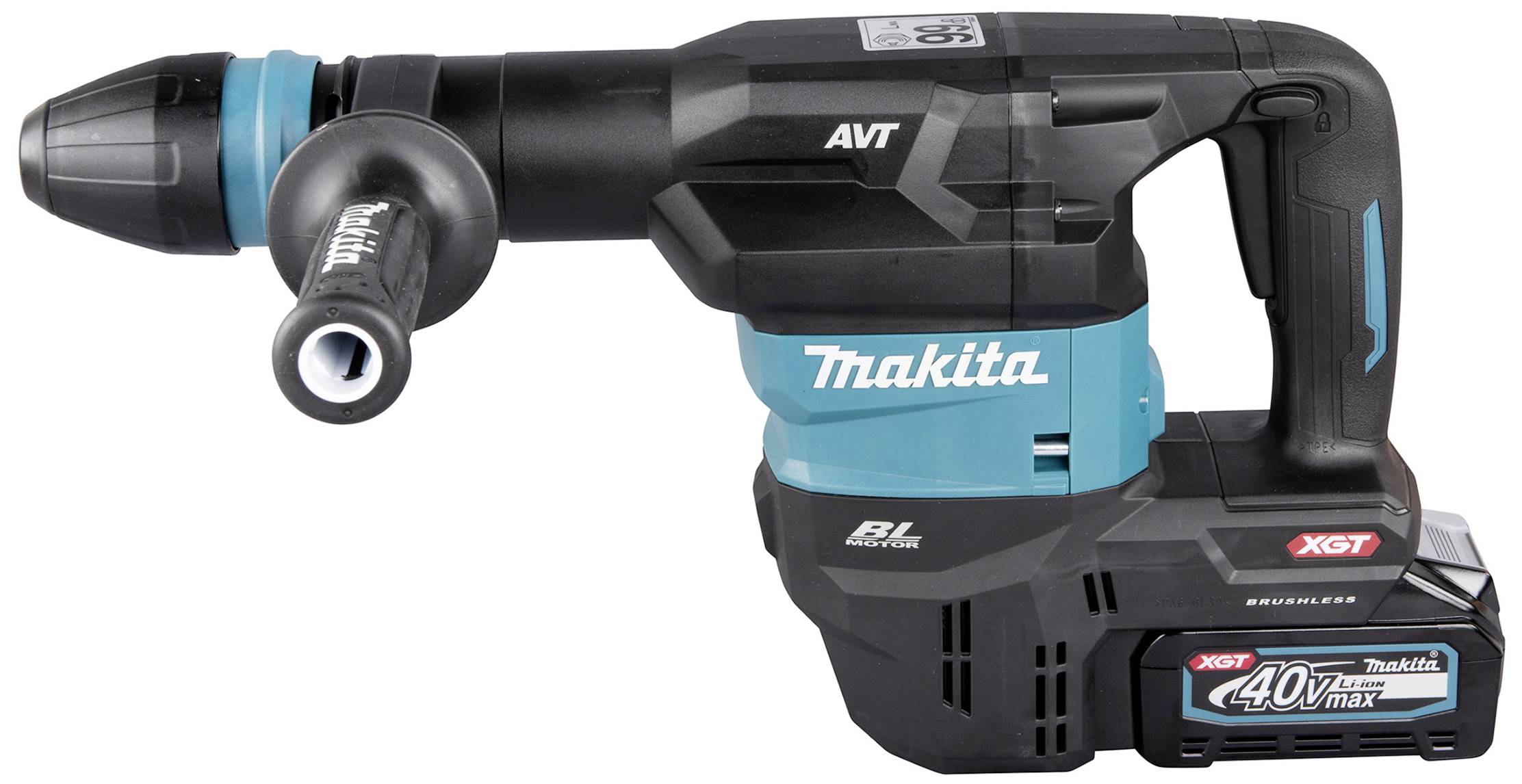 Ein kabelloser Bohrhammer mit Handgriff und Bohrfutter. Markennamen und das Modell '40V XGT' sind auf dem Gerät sichtbar.