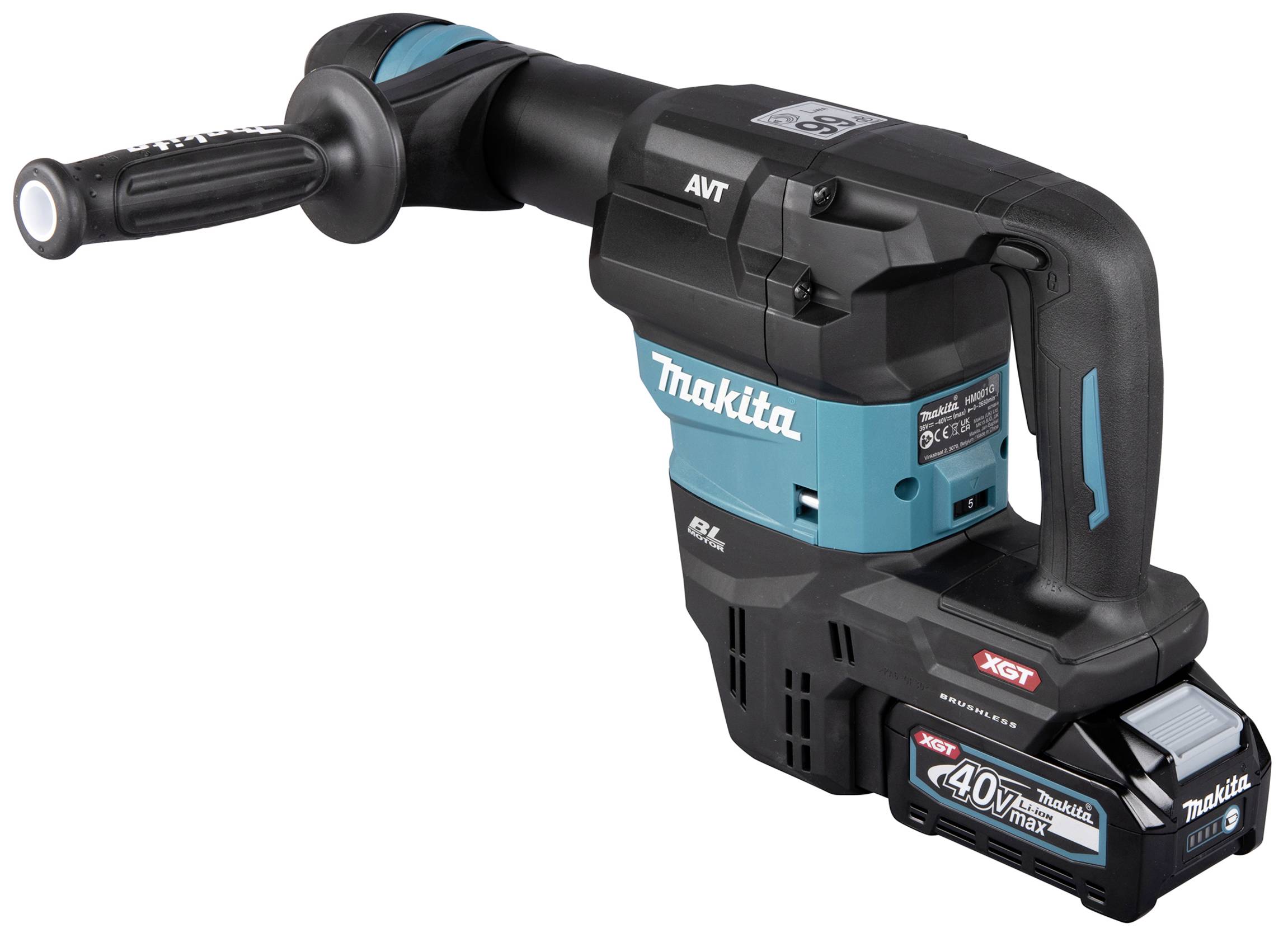 Ein handgehaltener, kabelloser Bohrhammer von Makita mit ergonomischem Griff und wiederaufladbarem 40V-Akku, geeignet für Betonarbeiten.