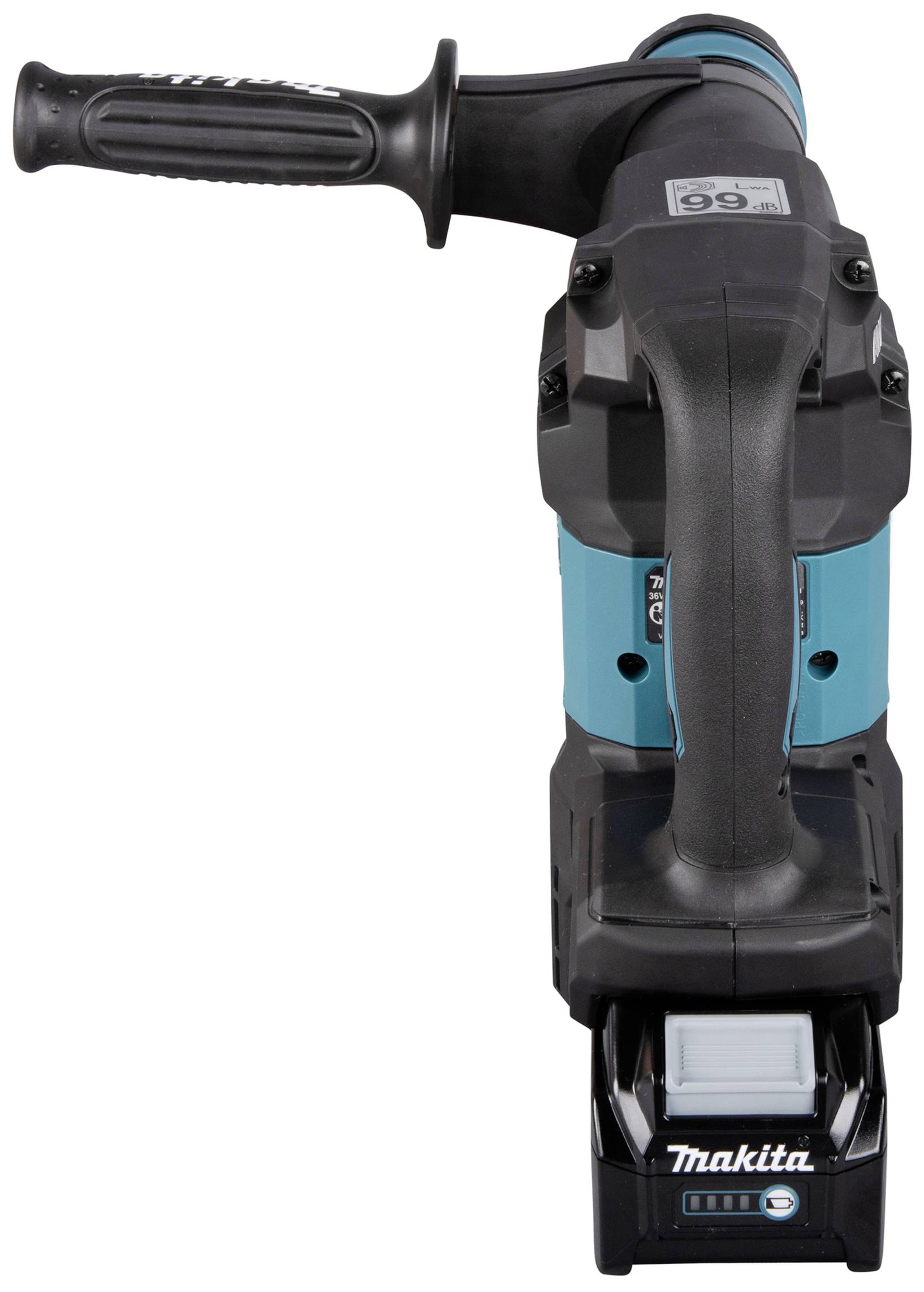 Ein blauer und schwarzer Elektrohämmer von Makita mit einem Griff oben und einer Anzeige für Batteriestatus, stehend aufrecht.