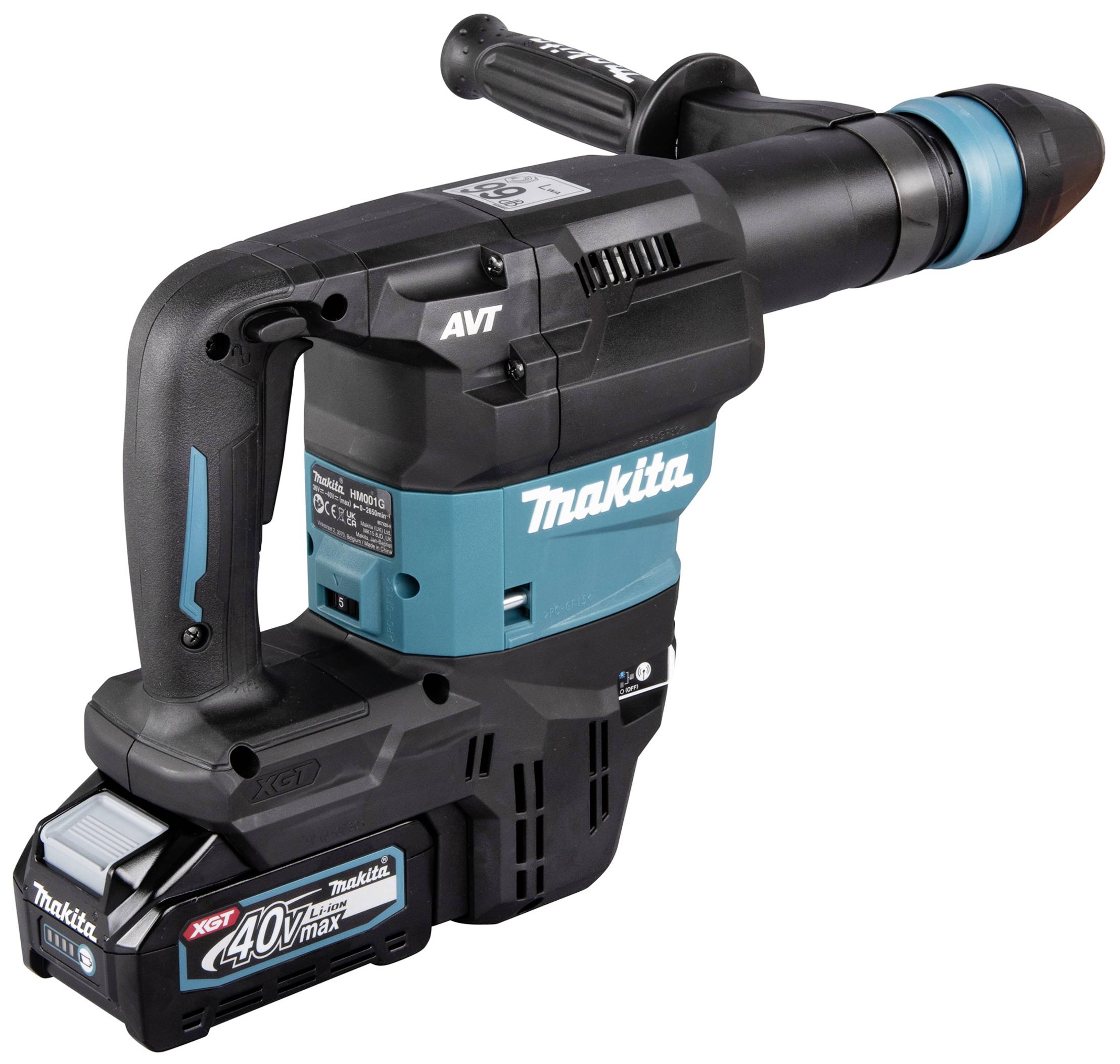 Akku-Bohrhammer in blau-schwarzem Design, seitliche Ansicht. 'Makita' Logo sichtbar. Ideal für schwere Bohrarbeiten.