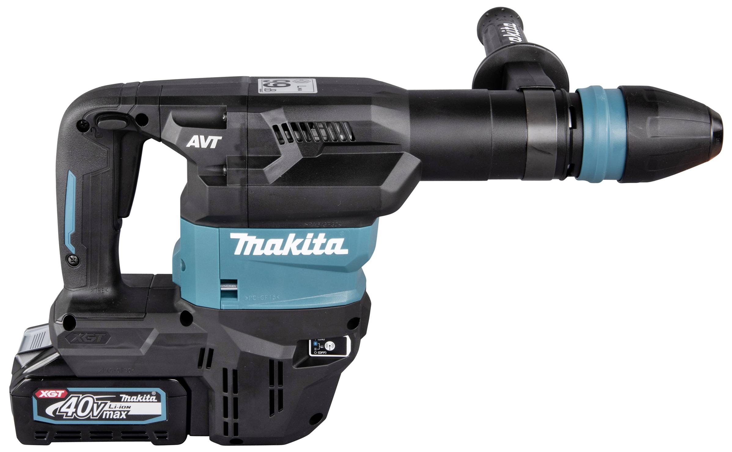Ein kabelloser Bohrhammer der Marke Makita, Modell XGT 40V max, in schwarz-blauem Design, zeigt leistungsstarke Bauweise.