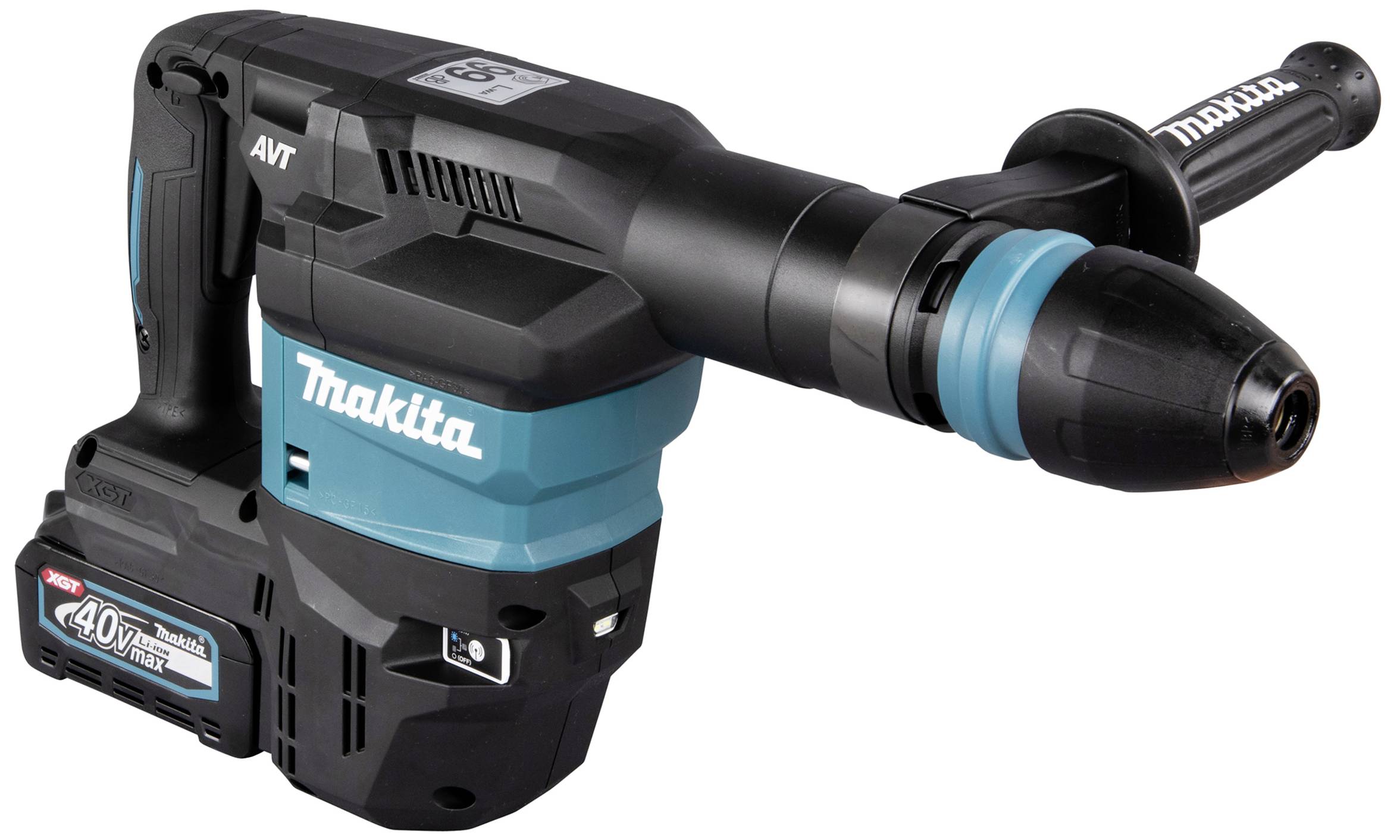 Abgebildet ist ein blauer und schwarzer Makita-Bohrhammer mit Akku. Das Gerät hat einen Zusatzgriff für bessere Handhabung.