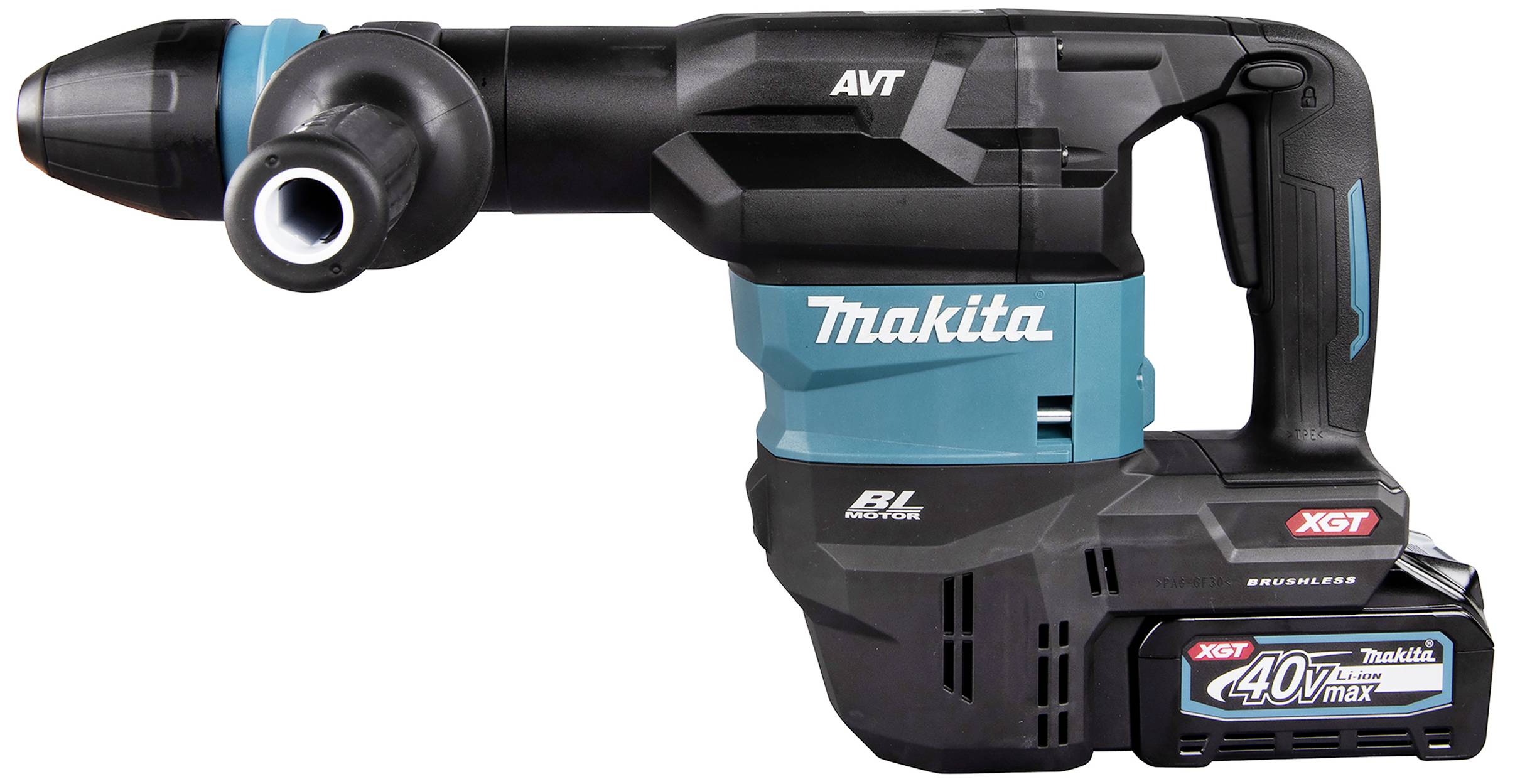 Ein leistungsstarker, kabelloser Bohrhammer mit 40V max Akku von Makita, geeignet für schwere Bau- und Renovierungsarbeiten.