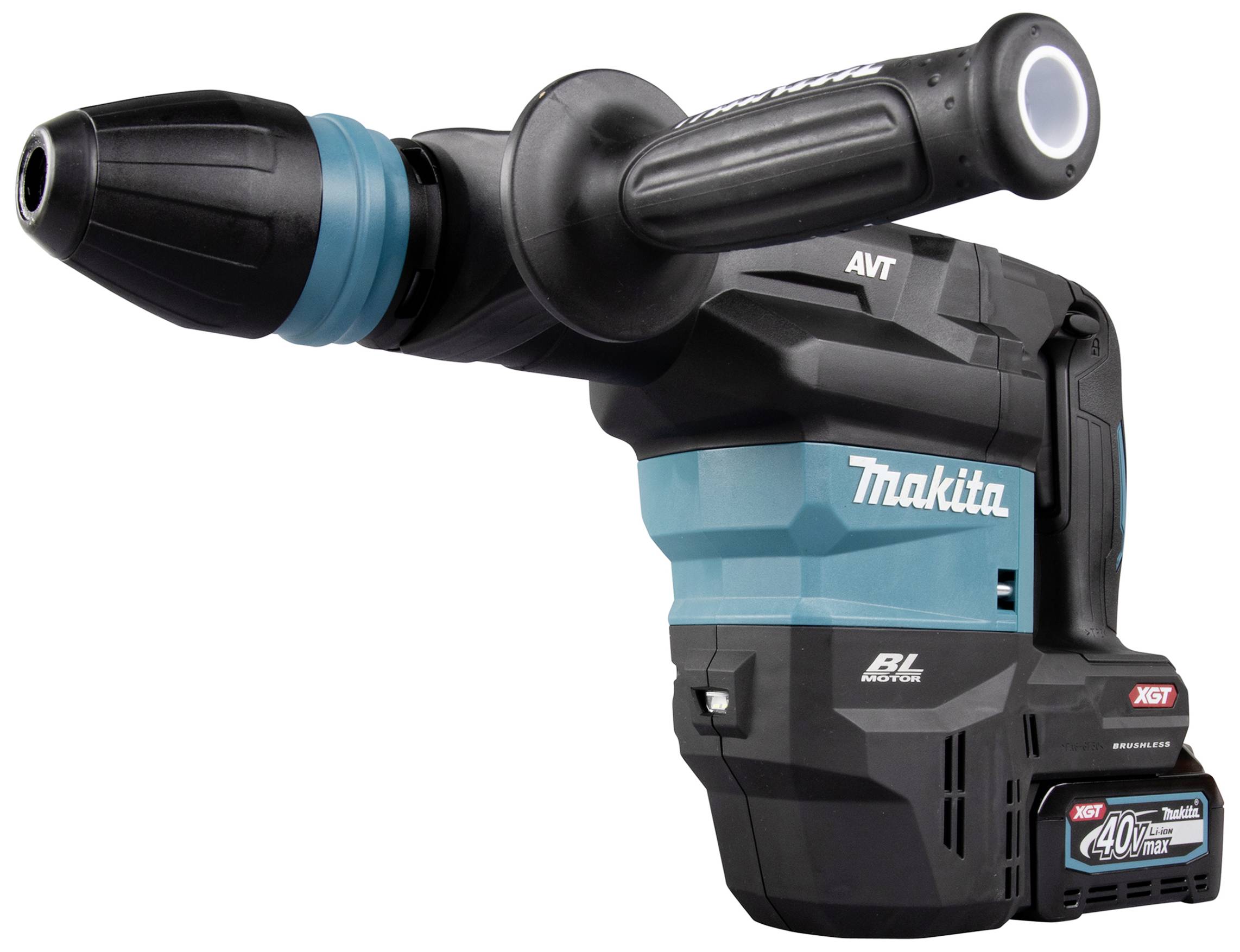 Elektrowerkzeugbohrhammer von Makita, Modell XGT 40V mit blau-schwarzem Gehäuse und ergonomischem Griff, geeignet für schwere Arbeiten.