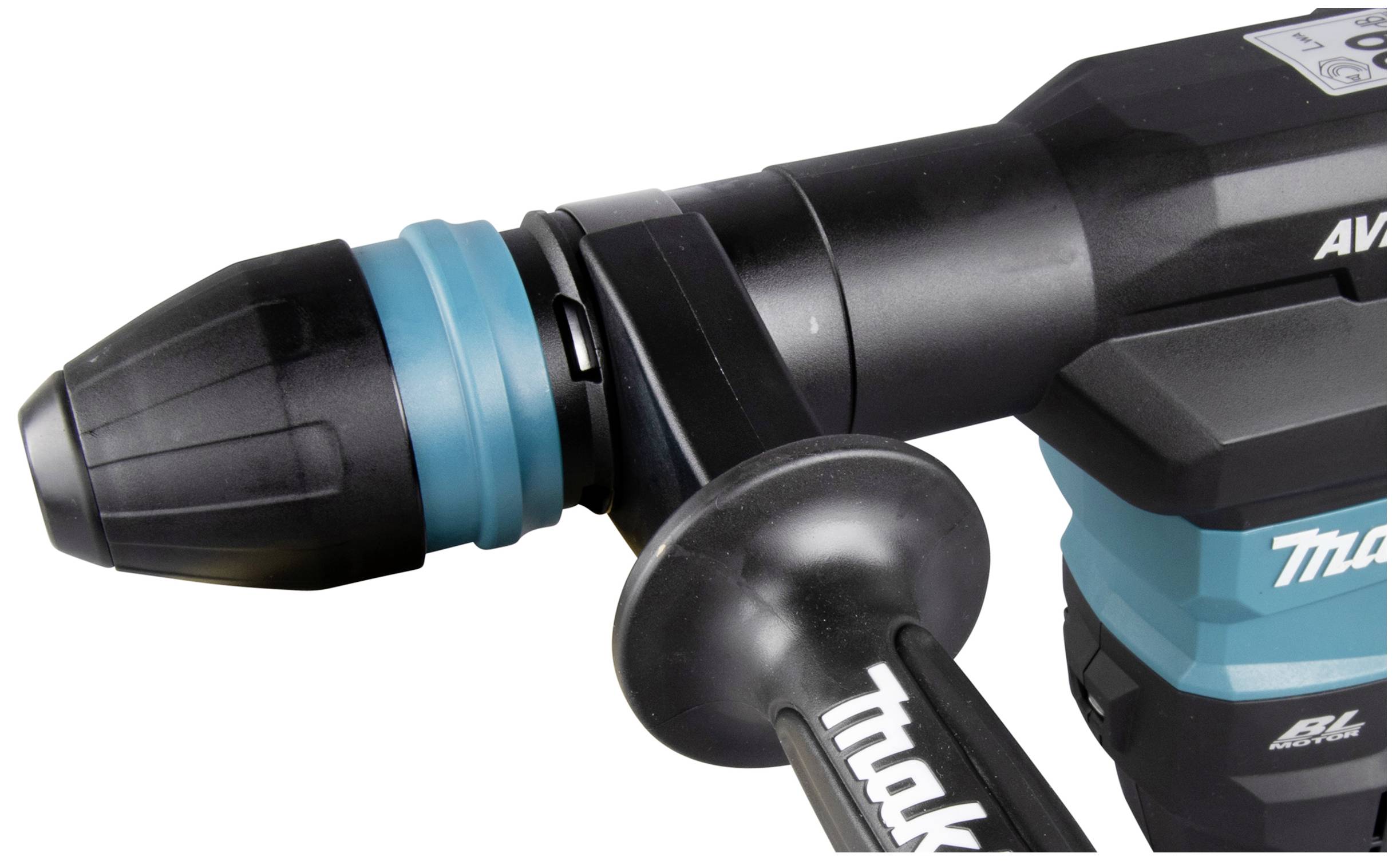 Ein schwarzer und türkisfarbener Bohrhammer mit einem ergonomischen Griff. Markennamen sind sichtbar, aber nicht lesbar.