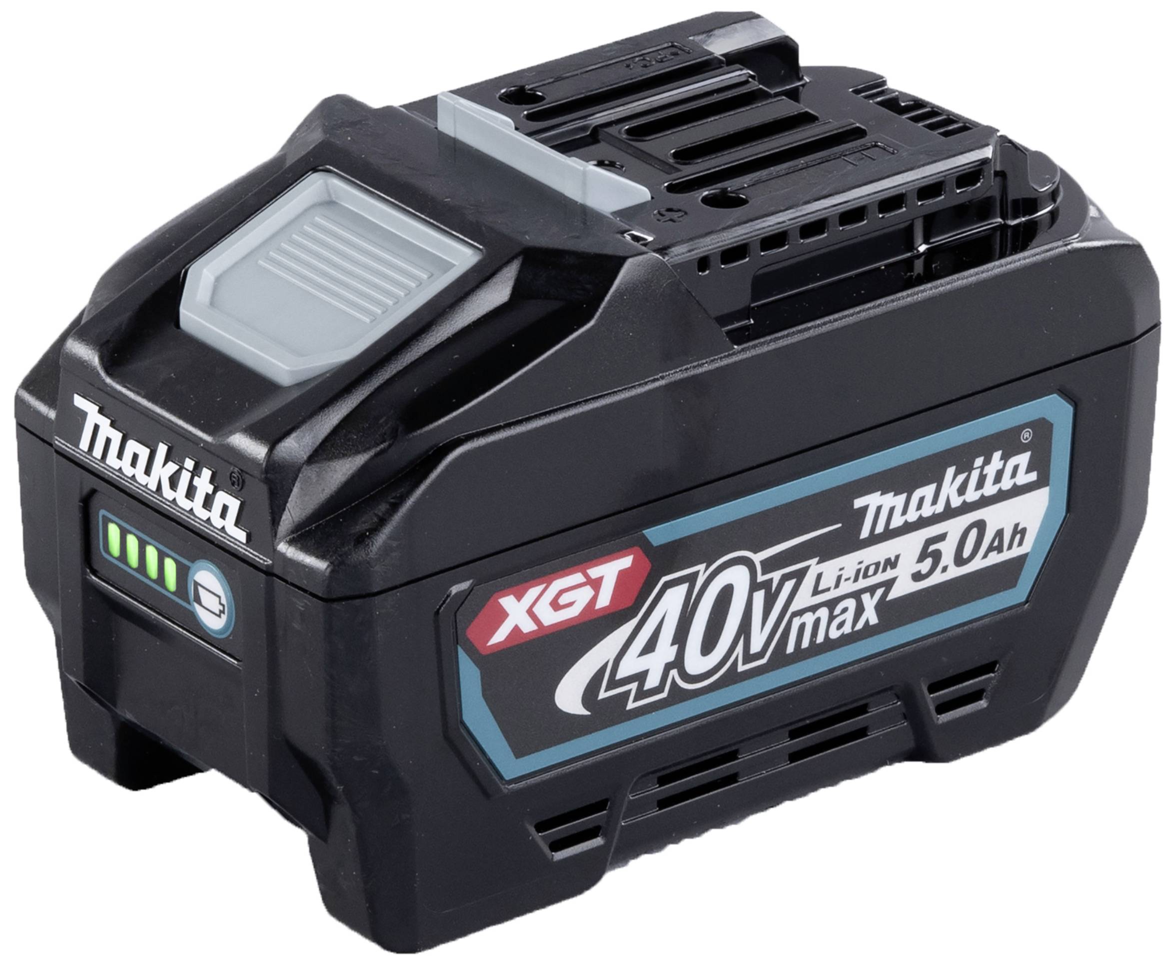 Schwarzer Akkupack der Marke Makita, Modell XGT 40V max, Lithium-Ionen 5,0 Ah. Zeigt Ladeanzeige mit vier leuchtenden Balken.