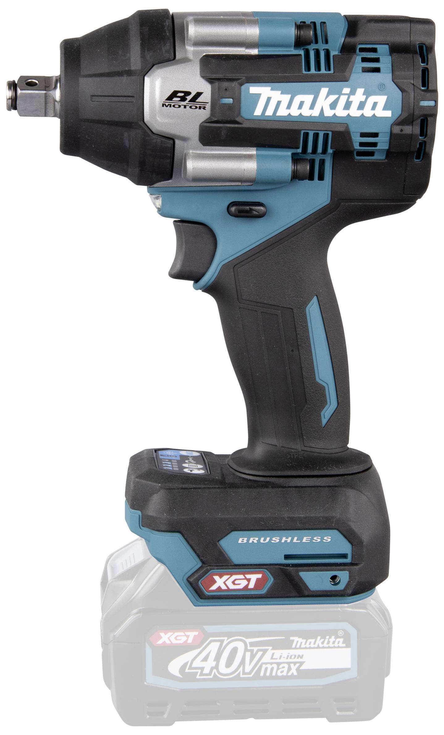 Ein Akkuschlagschrauber von Makita, Modell mit XGT-Technologie, blau-schwarz, steht aufrecht. Batterie unten angebracht.