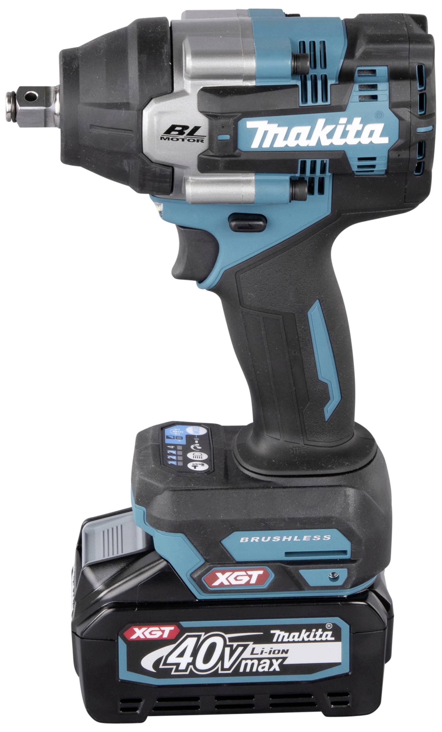 Akkuschlagschrauber der Marke Makita mit einem 40V Max Lithium-Ionen-Akku, geeignet für professionelle Bauarbeiten.