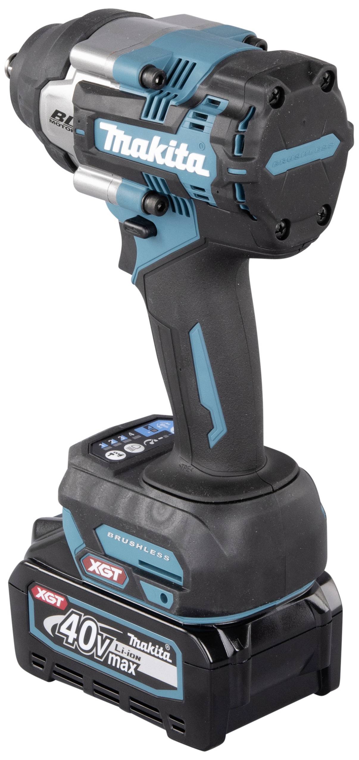 Ein kabelloser Schlagschrauber in Schwarz und Blau mit 40V Li-Ionen-Akku, geeignet für Heimwerker- und professionelle Anwendungen.