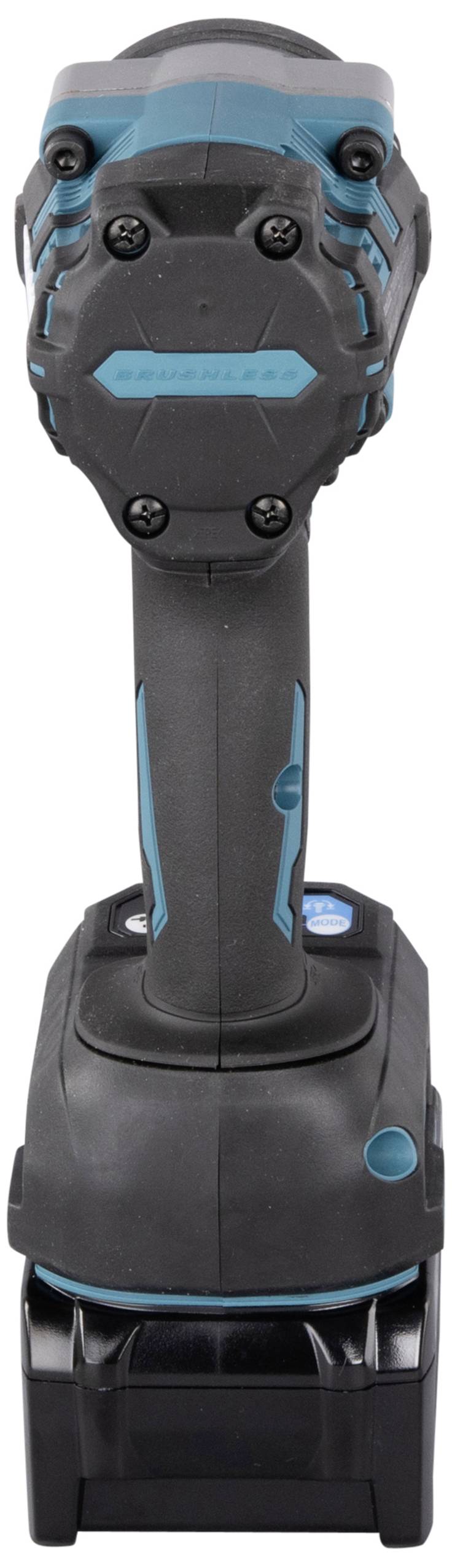 Akkuschrauber von vorne, schwarz-blaues Design, ergonomisch geformter Griff, kompakter Akku unten angebracht.