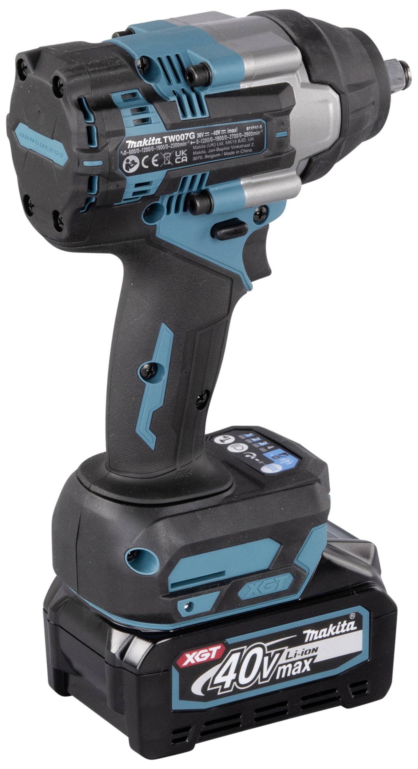 Akkuschlagschrauber 'Makita XGT 40V Max', schwarz-blau, mit ergonomischem Griff und Batterieanzeige. Geeignet für schwere Schraubarbeiten.