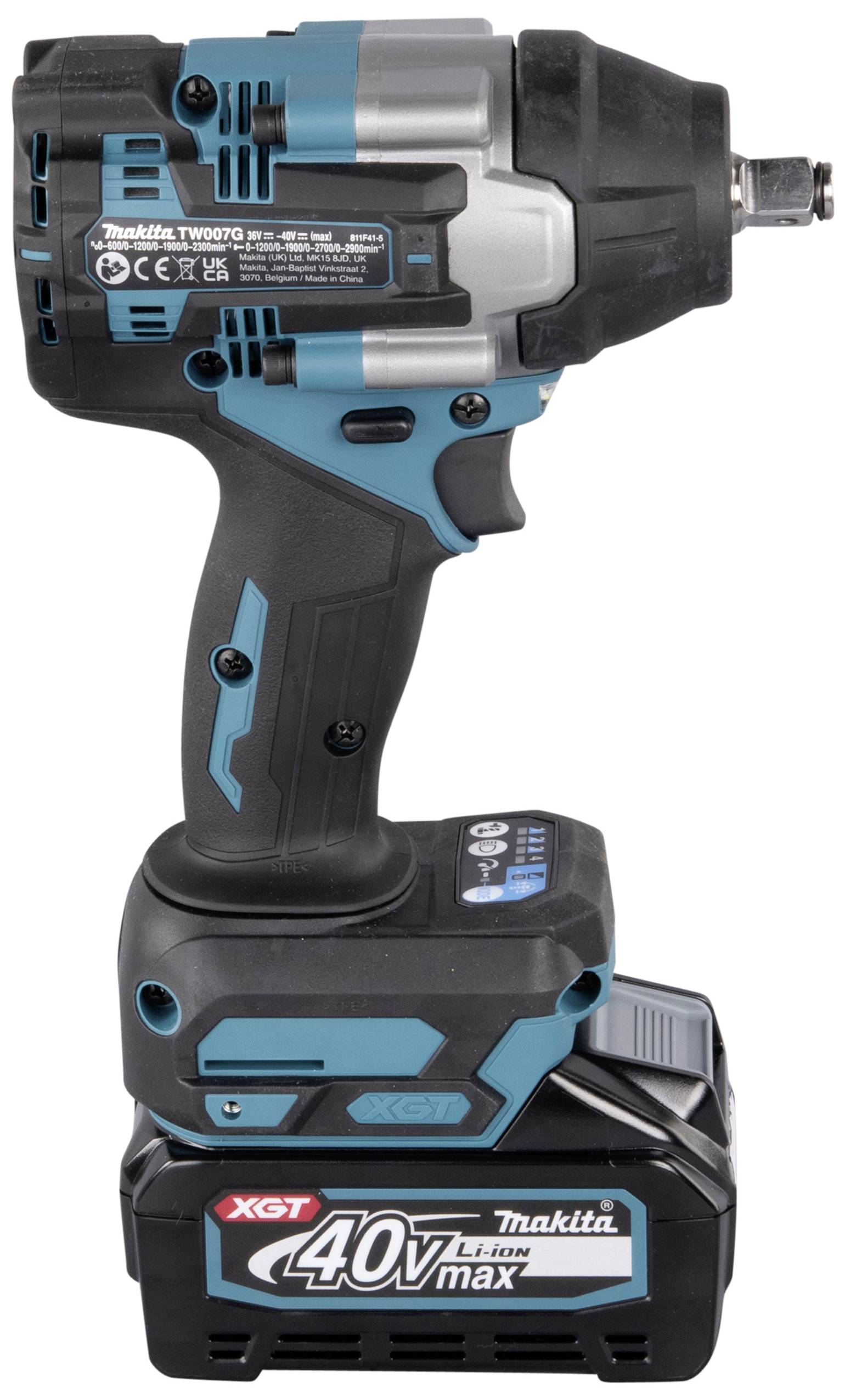 Akkuschlagschrauber von Makita mit 40V-Li-Ion-Akku. Schwarzes und blaues Design. Werkzeug für Schraubarbeiten.