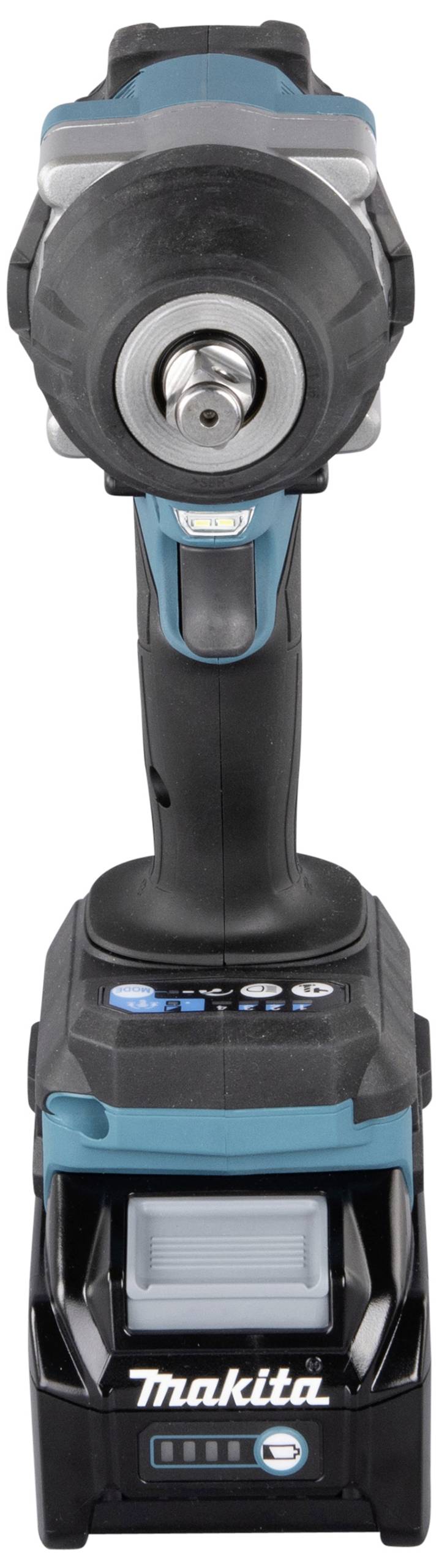 Kabelloser Schlagschrauber mit schwarzem und blauem Design, Markenname 'Makita' auf dem Griff abgebildet, frontal aufgenommen.