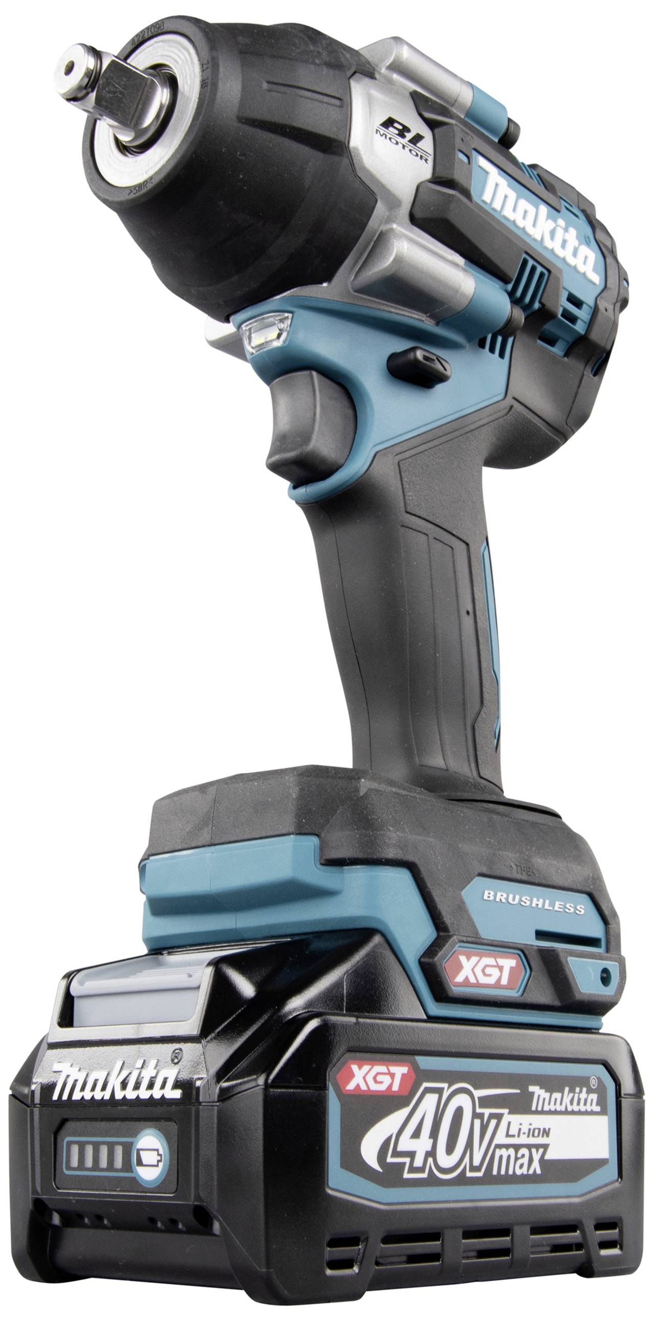 Akkuschrauber von Makita, Modell XGT 40V max, in Schwarz und Blau.