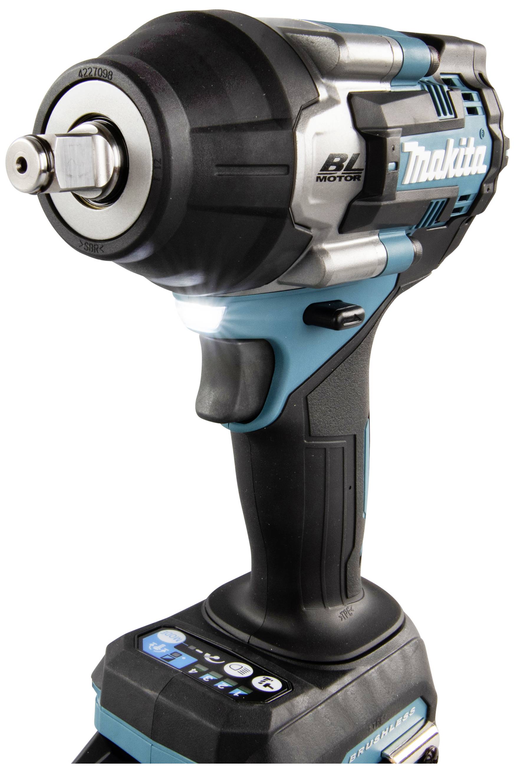 Akkuschlagschrauber in Nahaufnahme mit blau-schwarzem Gehäuse und silbernem Kopf. Markenname auf der Seite sichtbar.