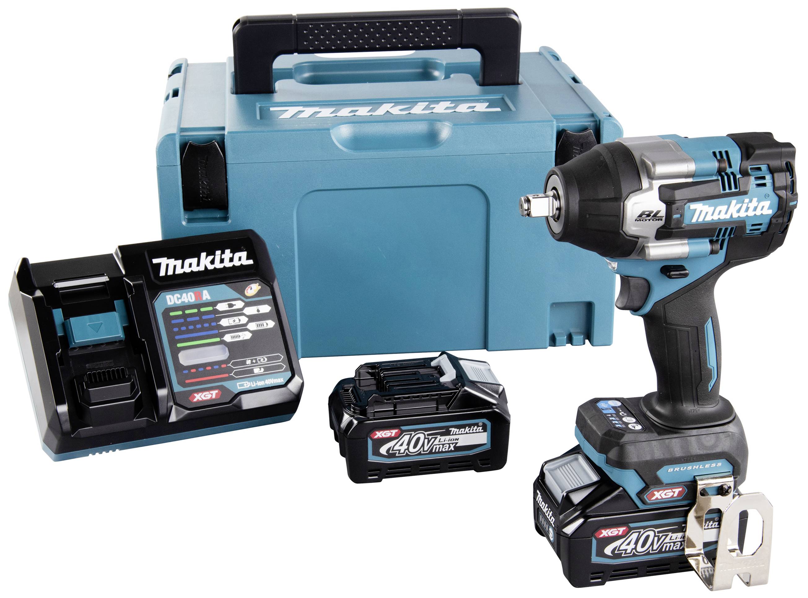 Elektrisches Schlagschrauber-Set in Blau mit Ladegerät, Ersatzakku und Transportkoffer. Markenname auf allen Komponenten sichtbar.