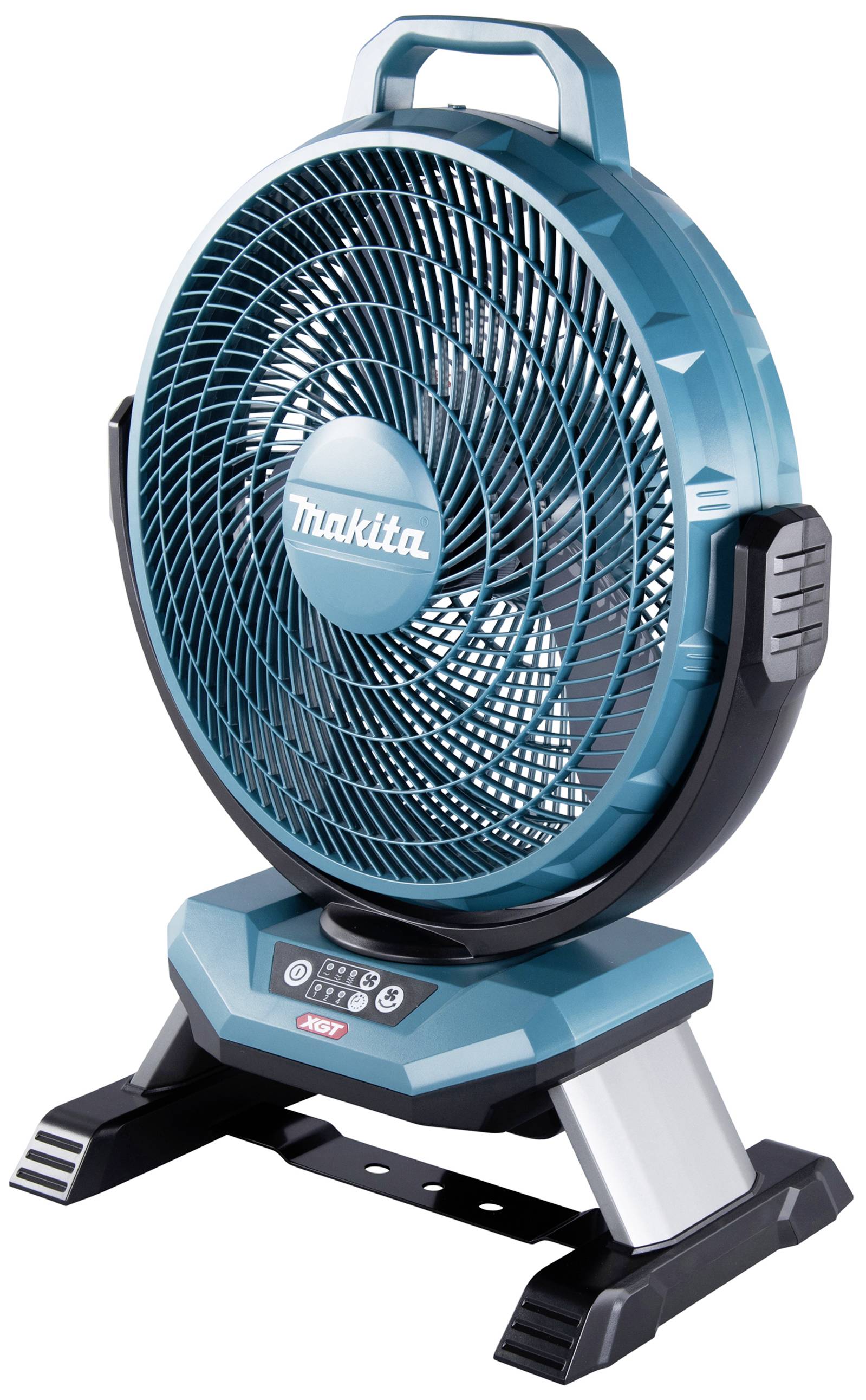 Ein tragbarer blauer Ventilator mit großem Gitter, Kunststoffgehäuse und einem zentralen Griff; geeignet für Werkstatt- oder Heimgebrauch.