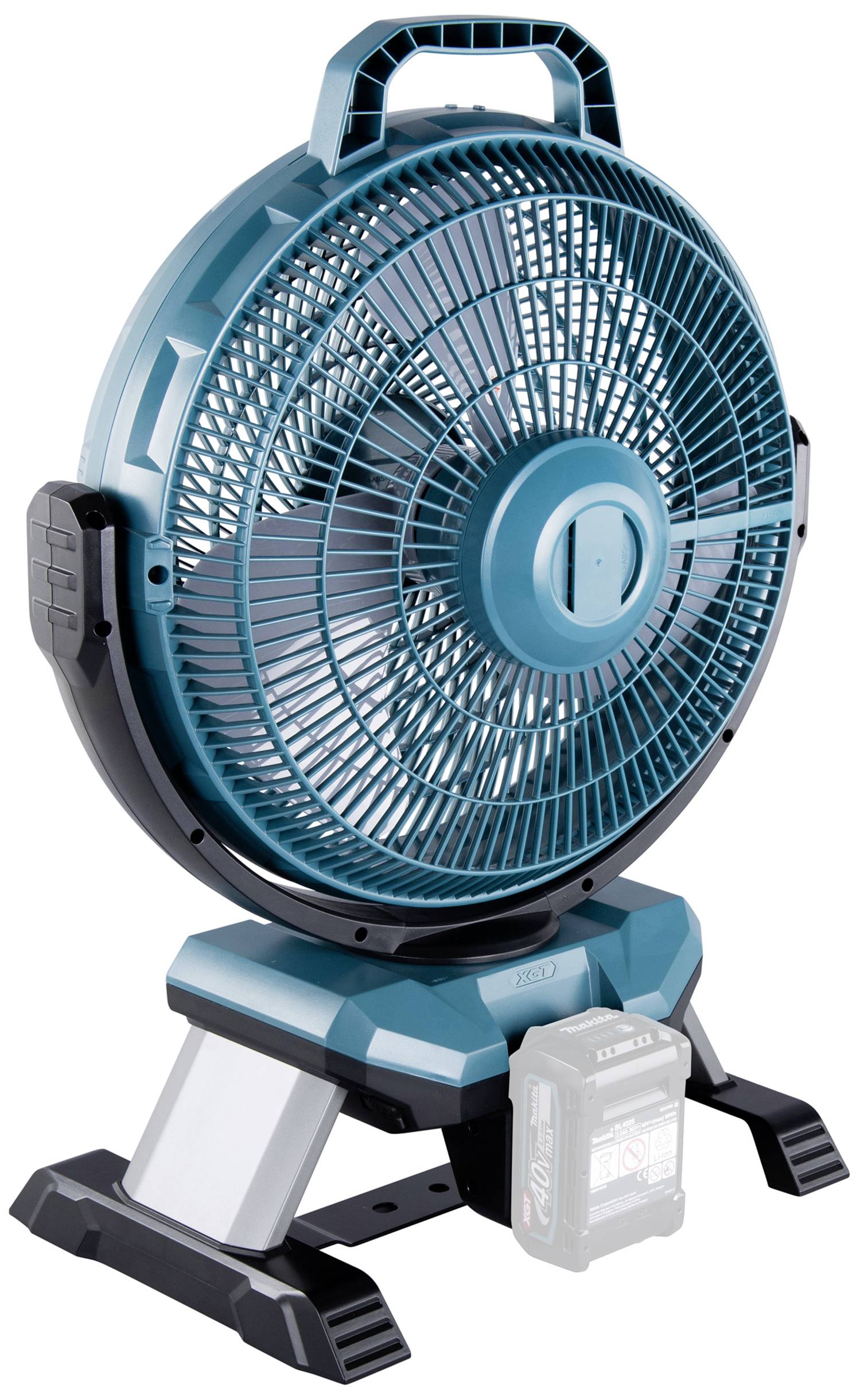 Ein tragbarer Ventilator auf einem Ständer, der mit einem Akku betrieben wird. Ideal für mobile oder flexible Kühlungsbedürfnisse.