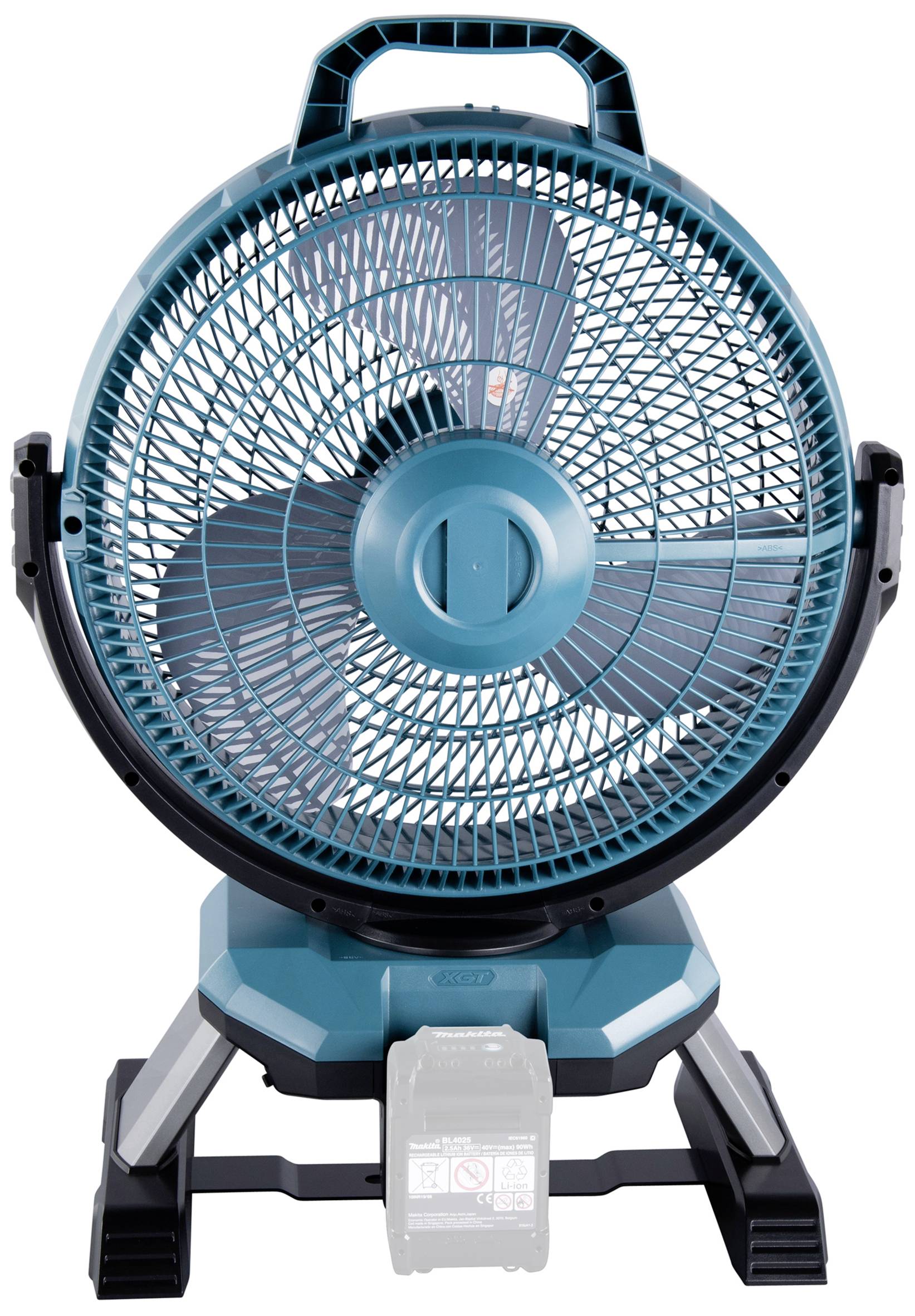 Ein großer, blauer Standventilator mit Schutzgitter und einem stabilen Standfuß, geeignet für den Einsatz in Räumen zur Luftzirkulation.