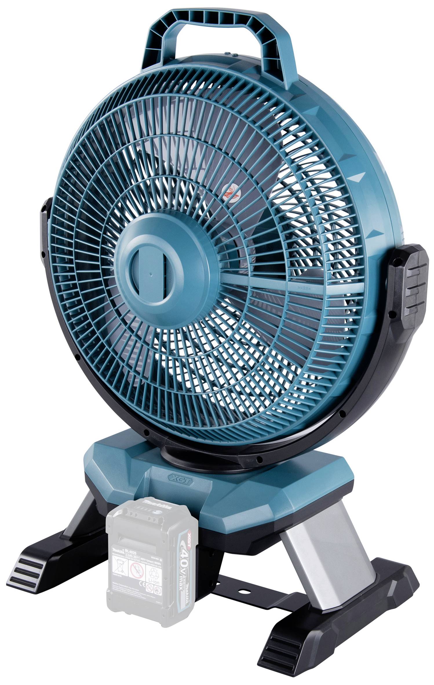 Tragbarer blauer Ventilator mit zentralem Drehknopf, zwei Standfüßen und einem Griff oben. Geeignet für kabellosen Einsatz.