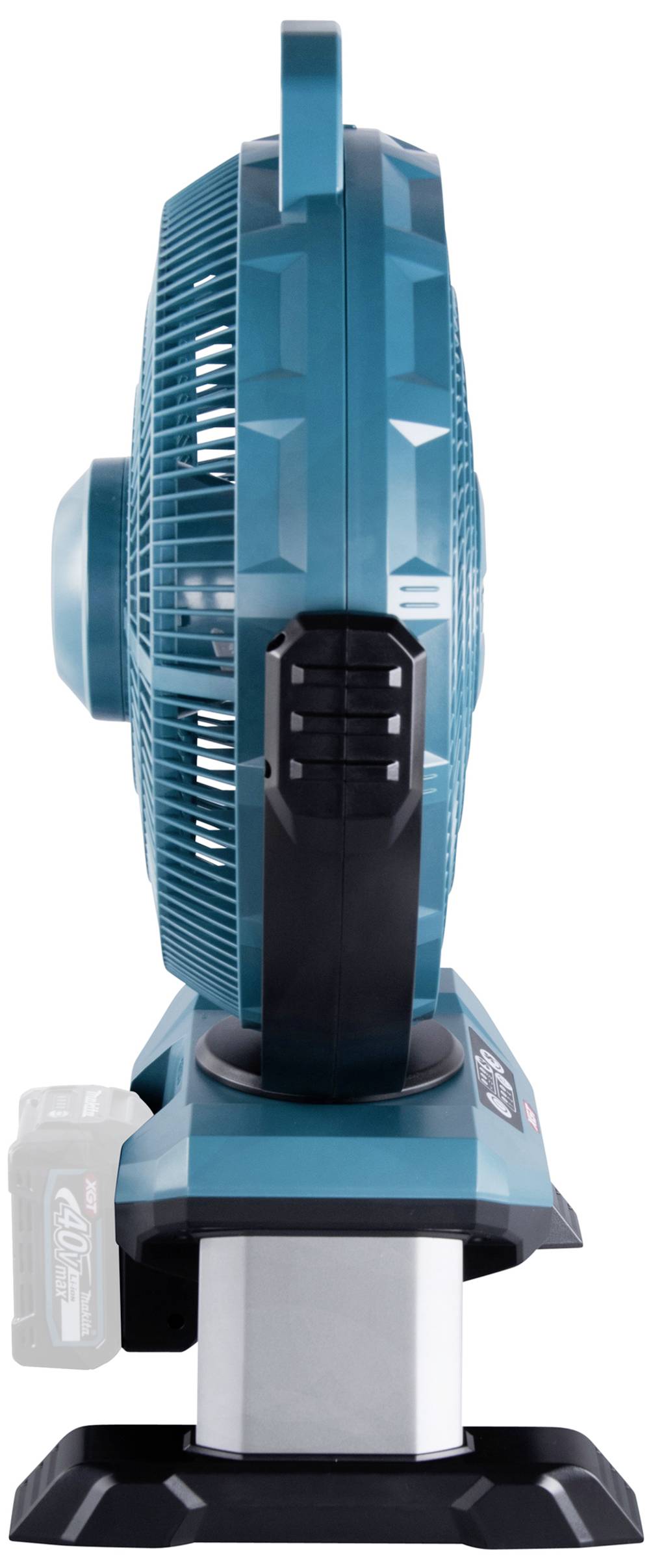 Tragbarer blauer Ventilator mit seitlicher Ansicht, aufrecht stehend, geeignet für den Einsatz unterwegs oder in kleinen Räumen.