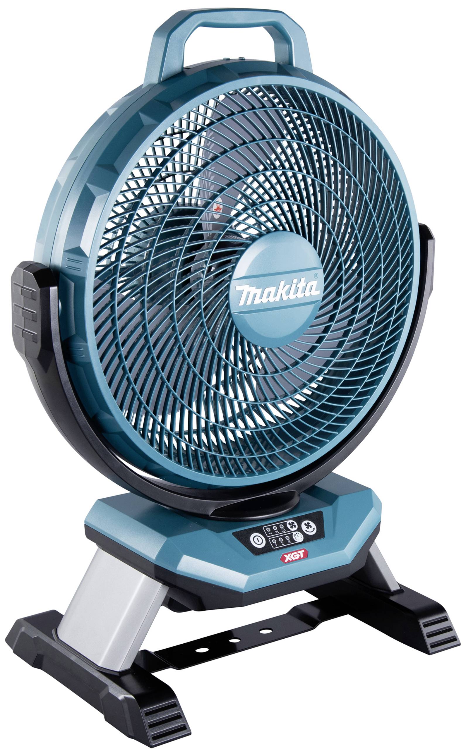 Ein batteriebetriebener blauer Ventilator von Makita mit digitalem Bedienfeld. Ideal für tragbare Kühlungslösungen.