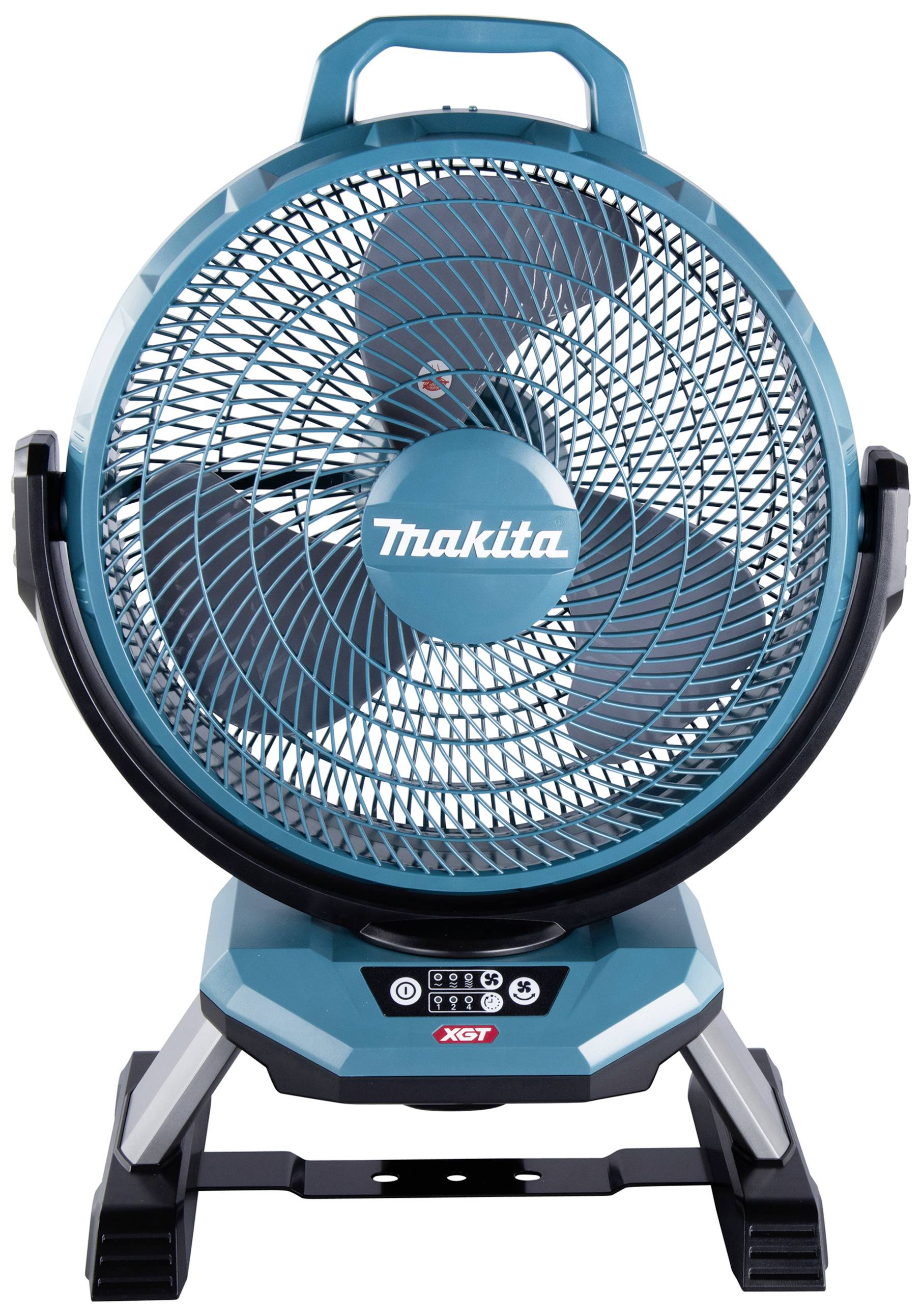 Ein blauer Ventilator der Marke Makita steht aufrecht. Der Ventilator ist für den Einsatz in Werkstätten oder Baustellen geeignet.