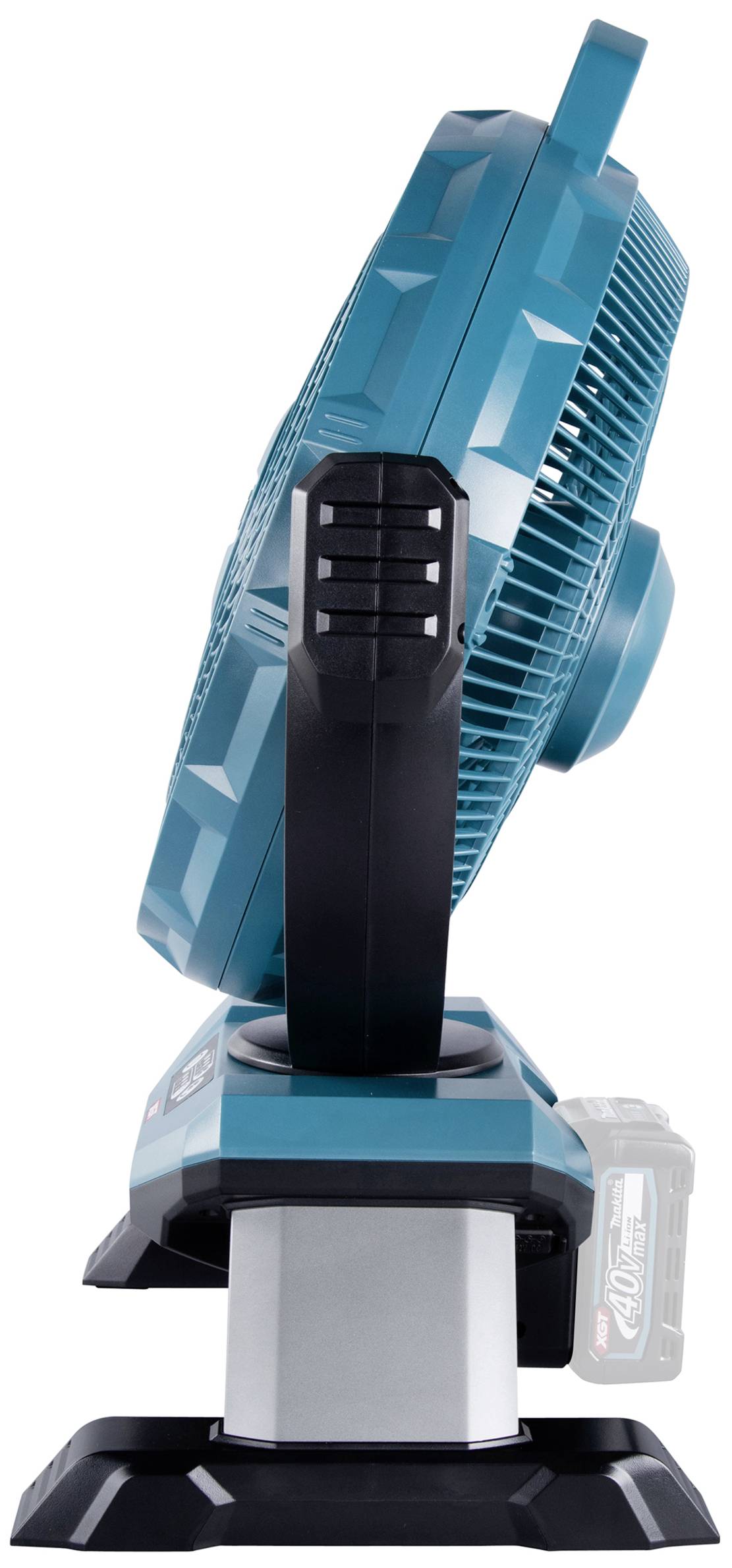 Akku-Baustellenventilator von der Seite gezeigt, in Blau mit schwarzem Standfuß, geeignet für vielseitige Anwendungen.