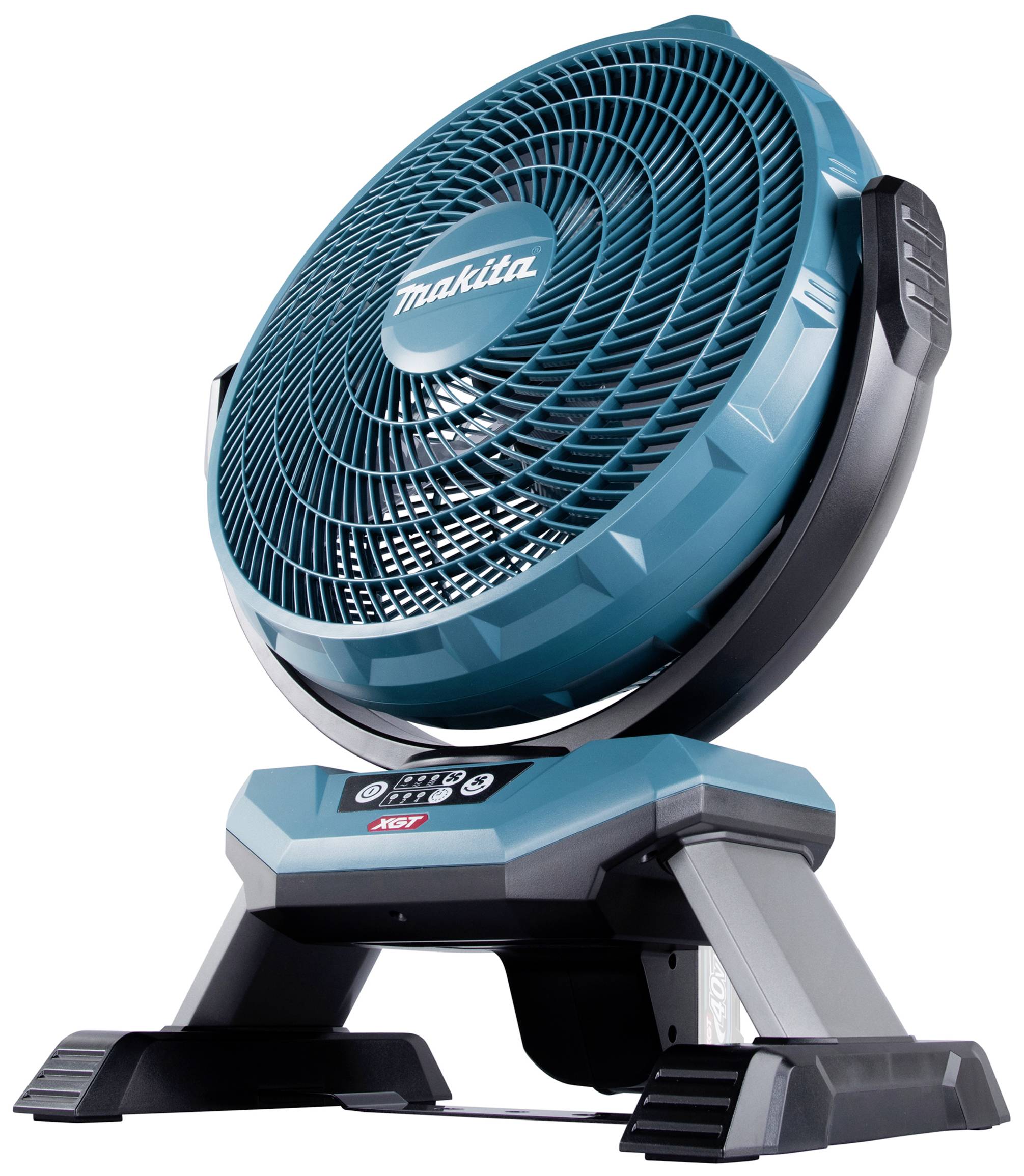 Tragbarer blauer und schwarzer Ventilator der Marke 'Makita' mit stabilem Standfuß, geeignet für den Einsatz auf Baustellen oder im Haushalt.