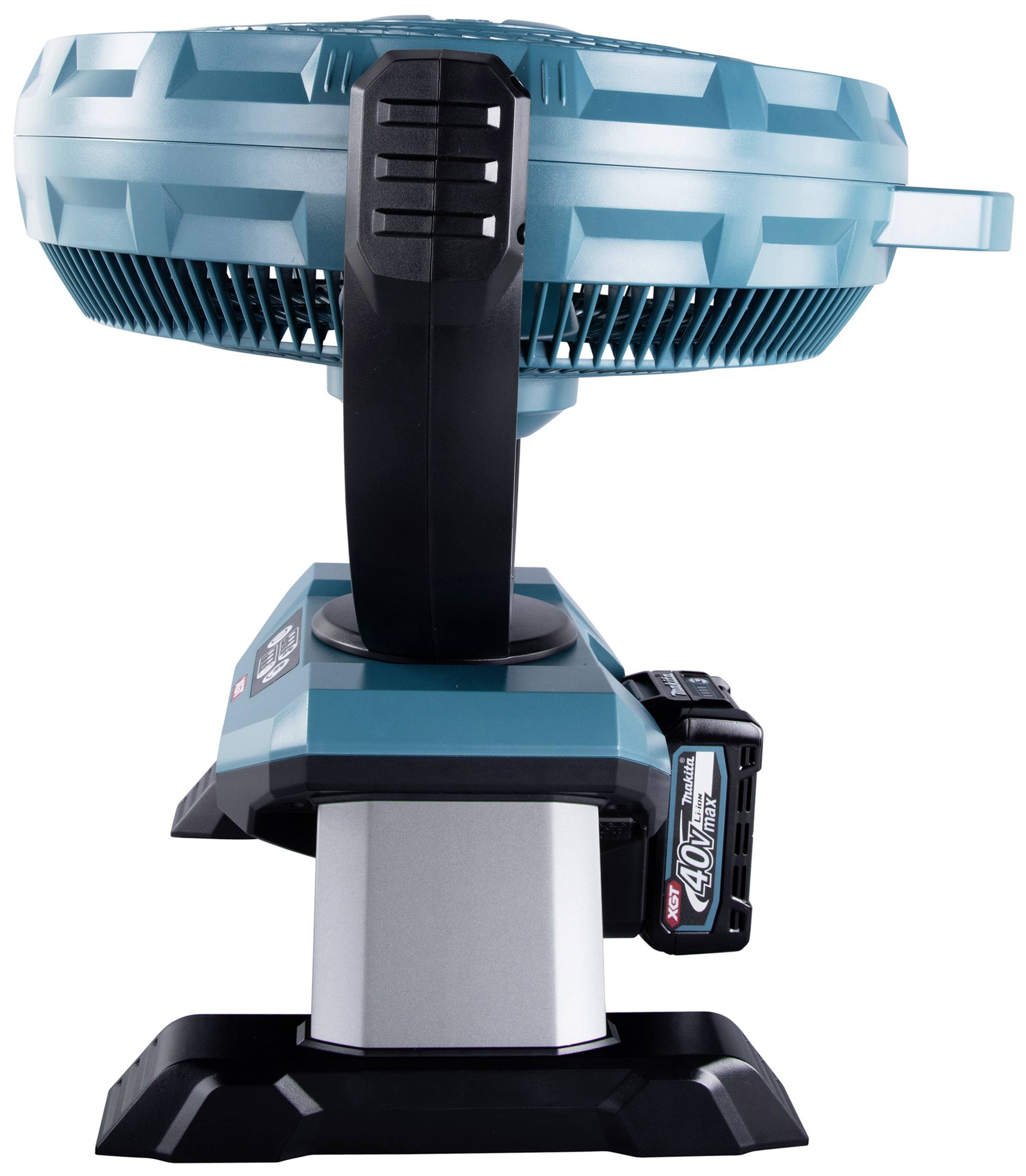 Ein tragbarer, kabelloser Ventilator in Blau-Grün mit schwarzem Standfuß und großem Akku. Ideal für mobilen Gebrauch.