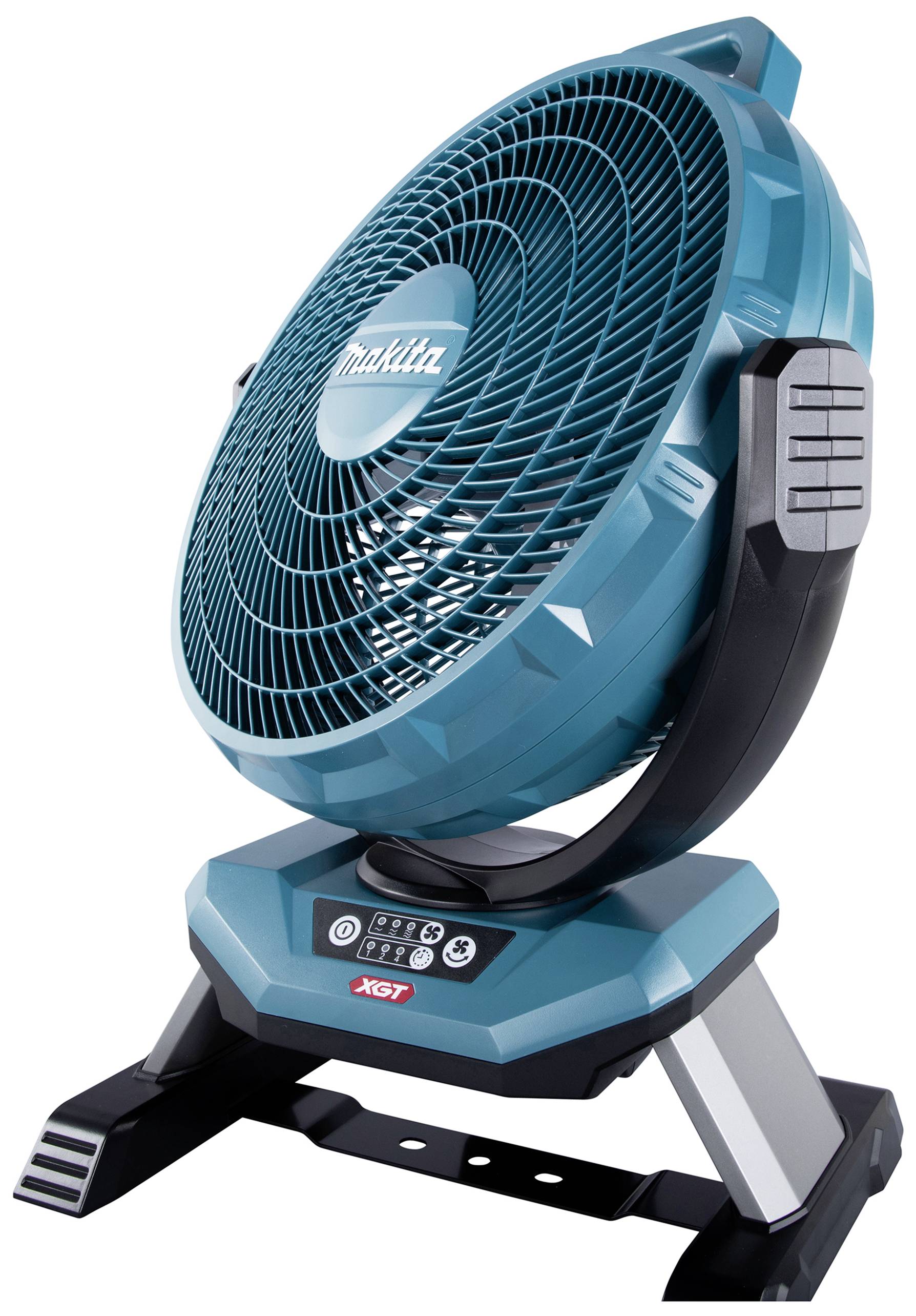 Tragbarer, türkisfarbener Ventilator mit modernem Design, robustem Fuß und Bedienfeld. Ideal für den flexiblen Einsatz.