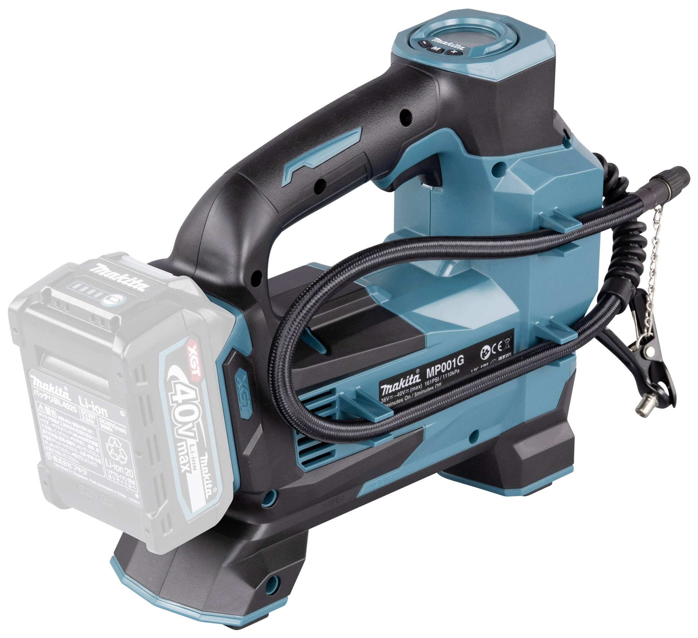 Ein tragbarer, kabelloser Luftkompressor in schwarz-blauer Farbe, Modell MP001G, mit einem 40V Akku.