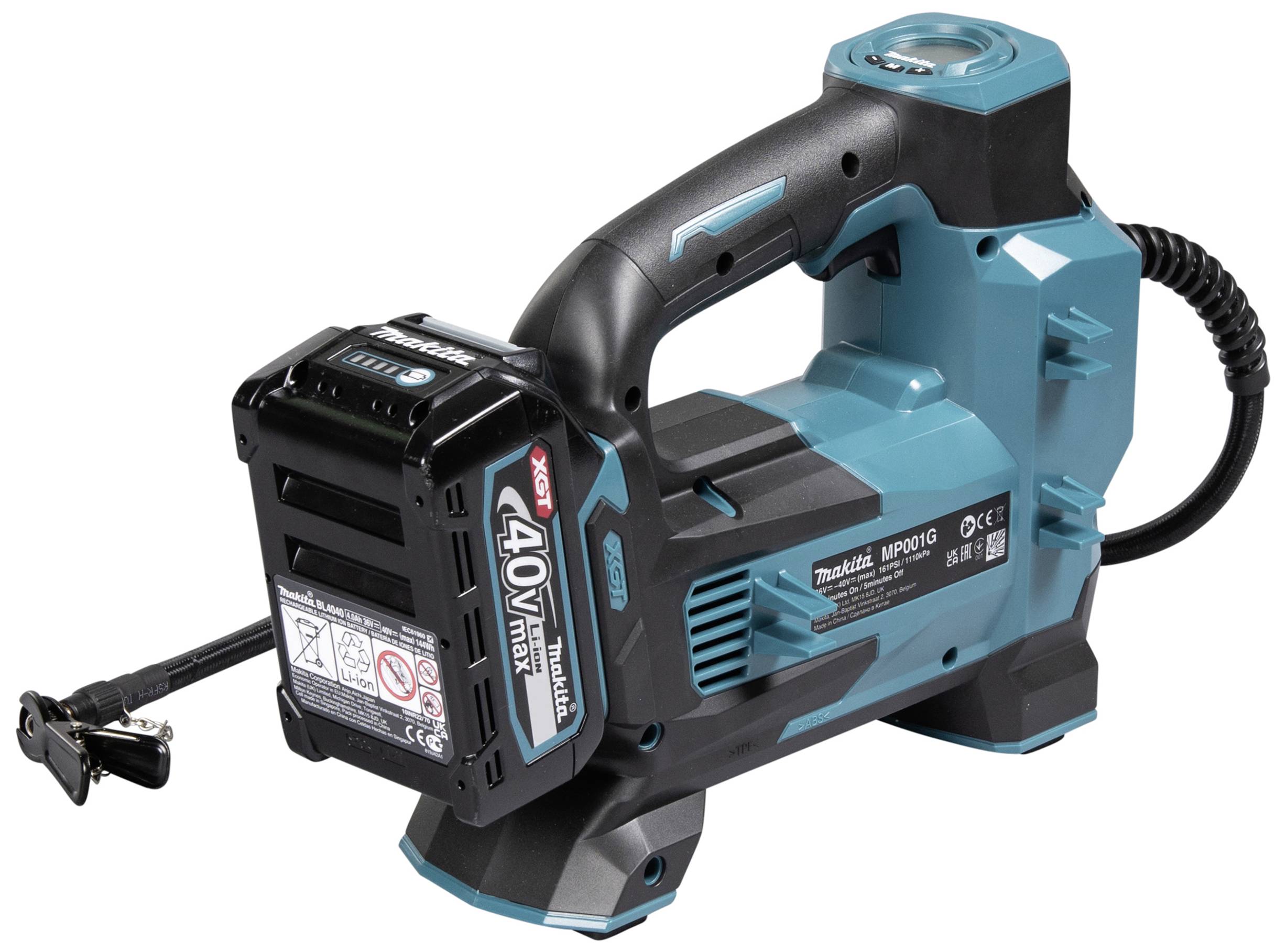 Ein kabelloser, akkubetriebener Kompressor mit 40V-Akku, geeignet für tragbare Anwendungen, mit ergonomischem Griff und kompaktem Design.