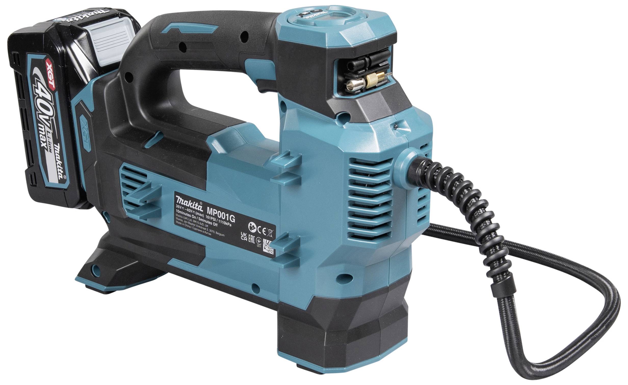 Eine blaue elektrische Luftpumpe mit einem Kabel und einem Akku.