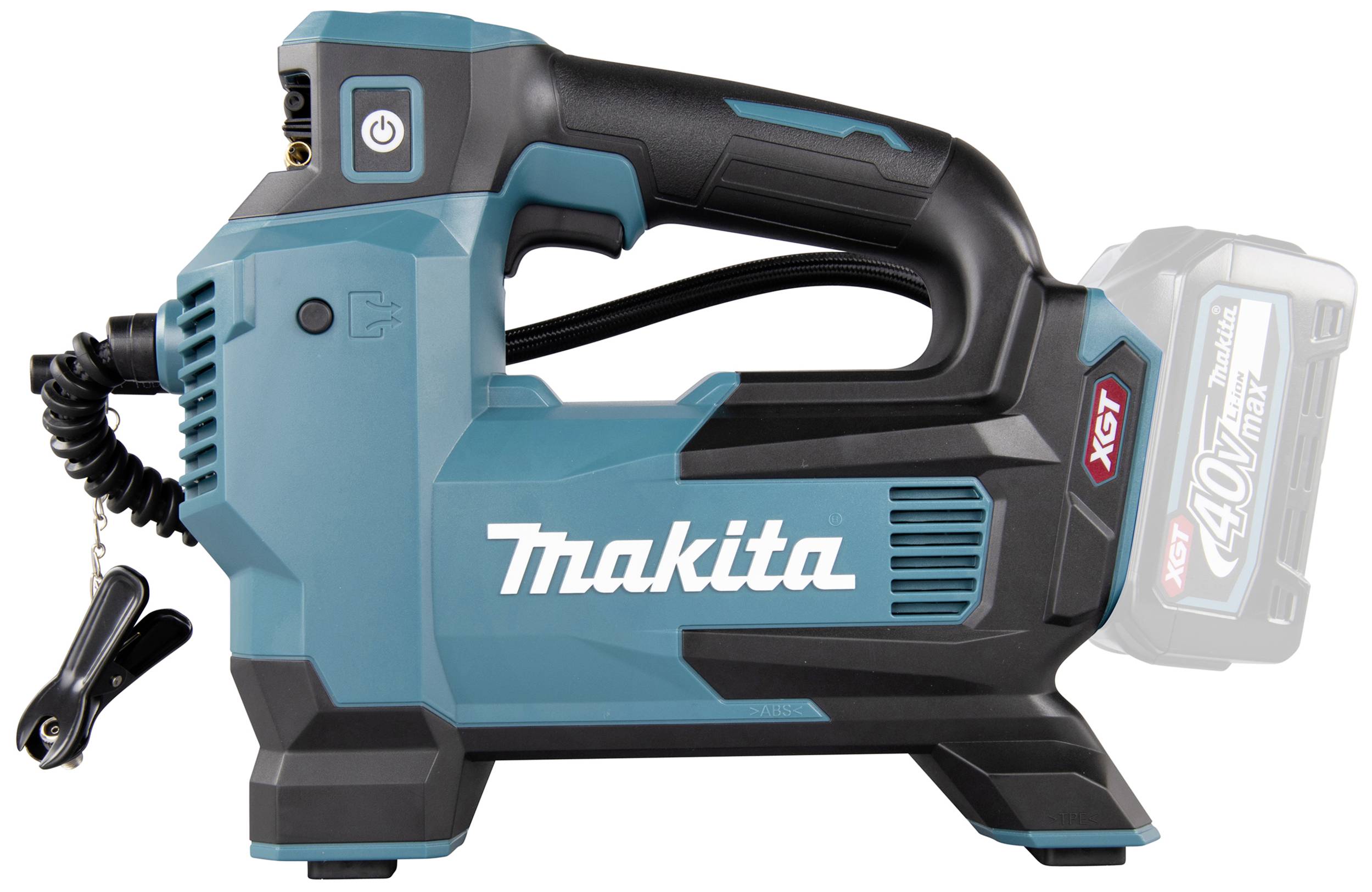 Akku-Kompressor mit Griff, blau-schwarz, Marke 'Makita'. Auf der Seite ist eine Halterung für eine Batterie sichtbar.