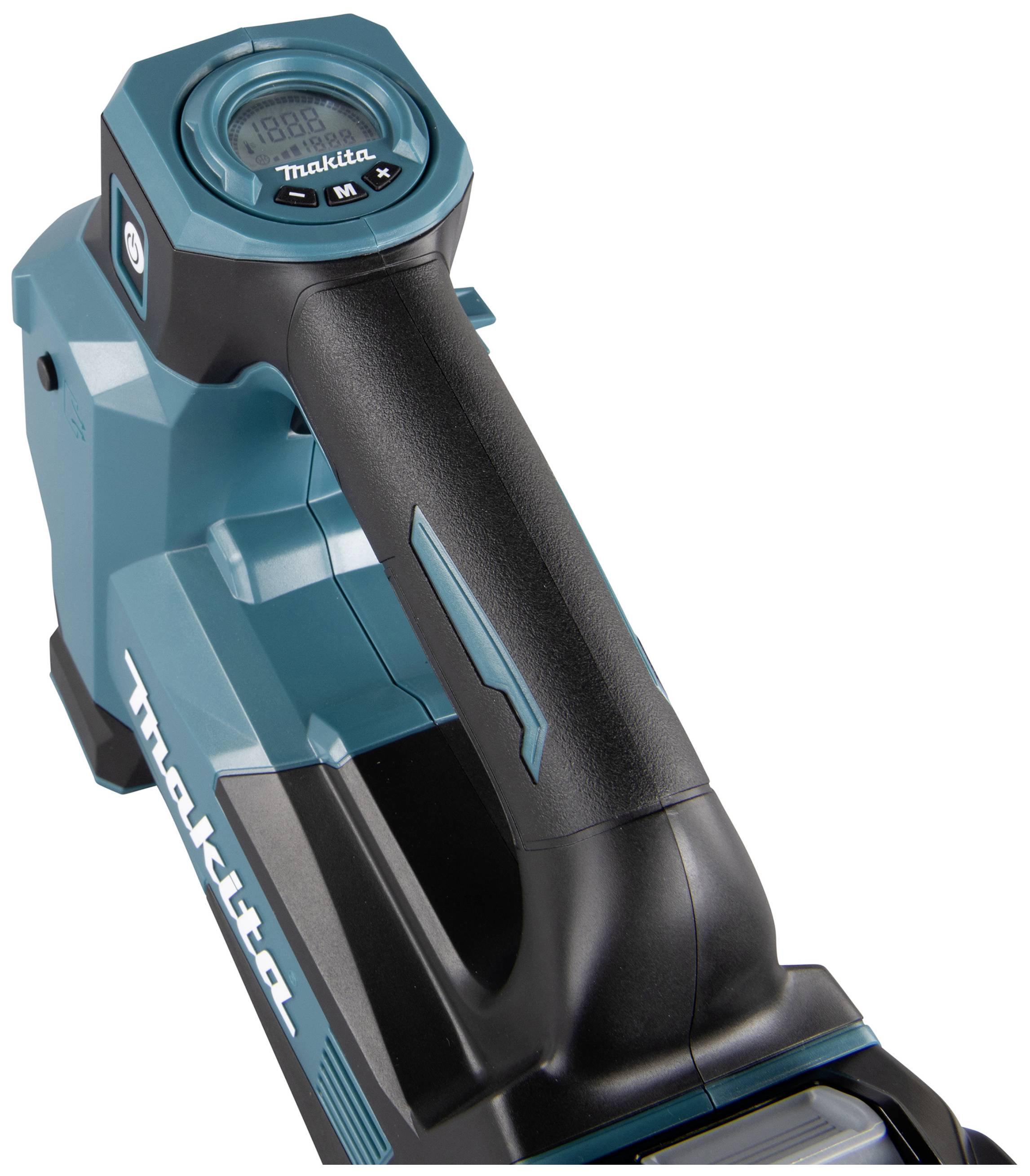 Ein blau-schwarzes Elektrowerkzeug mit Griff und Anzeige, Marke 'Makita'. Begleittext zeigt den Markennamen in weißer Schrift.