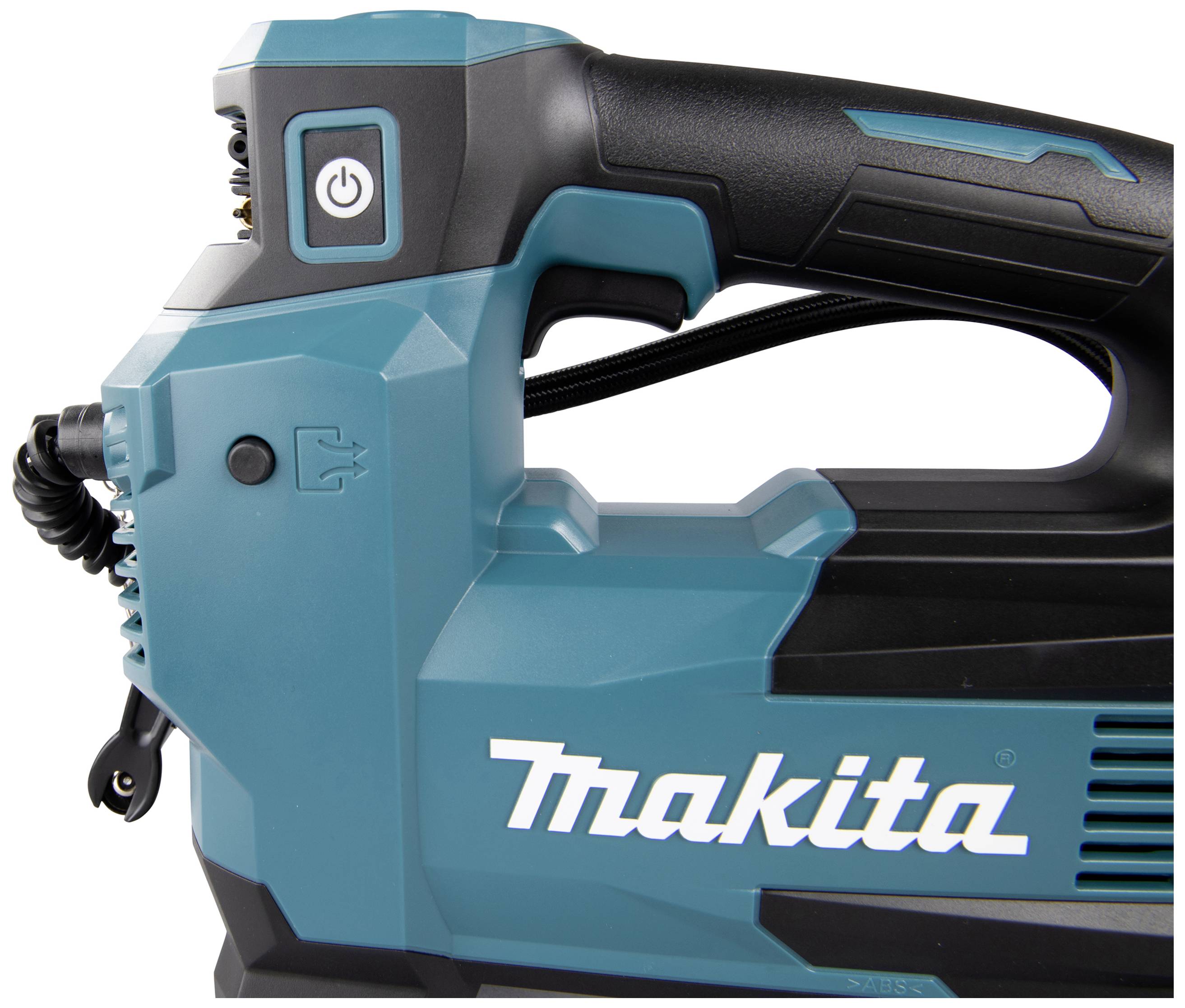 Elektrisches Werkzeug mit schwarzem Griff und blauem Gehäuse, auf dem 'Makita' steht. Oberhalb befindet sich ein Ein-/Ausschalter.