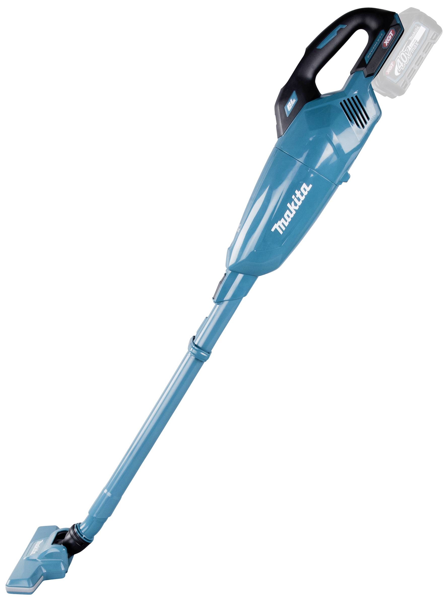 Kabelloser, blauer Handstaubsauger mit langem Saugrohr, ergonomischem Griff und einem aufgesetzten Akku auf der Rückseite.