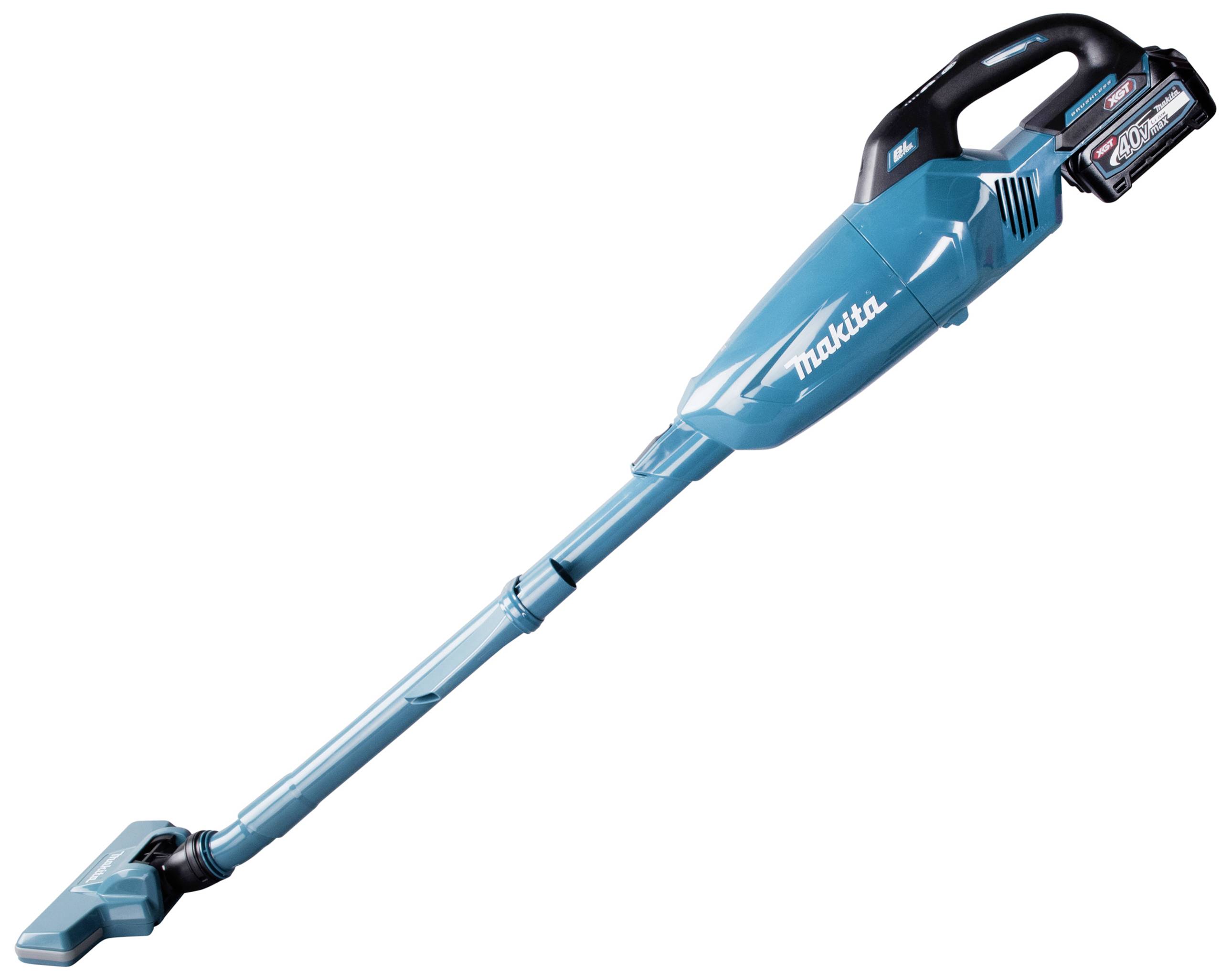 Blauer, kabelloser Staubsauger mit langem Griff und schlankem Design, geeignet für leichten Hausgebrauch oder die Reinigung kleiner Flächen.