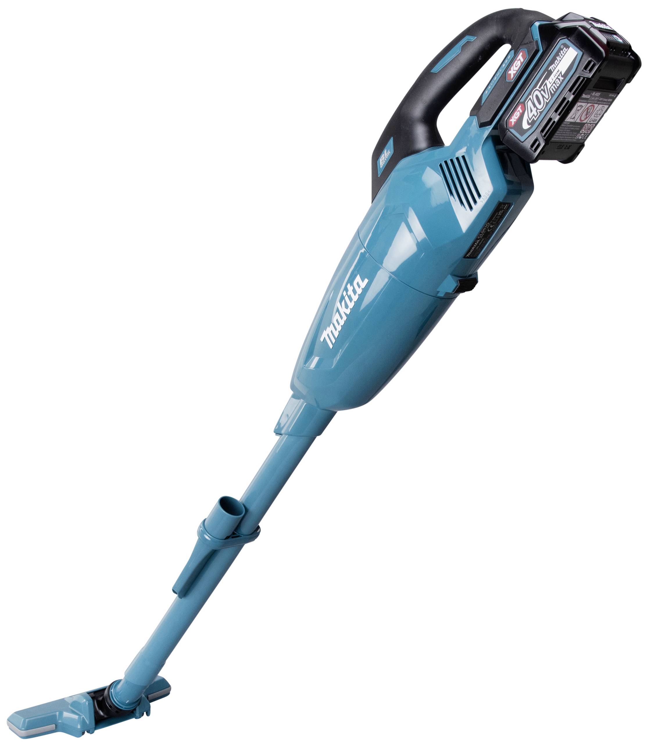 Ein blauer, kabelloser Staubsauger mit ergonomischem Griff. Markenlogo auf dem Gerät sichtbar. Akku oben montiert für mobile Nutzung.