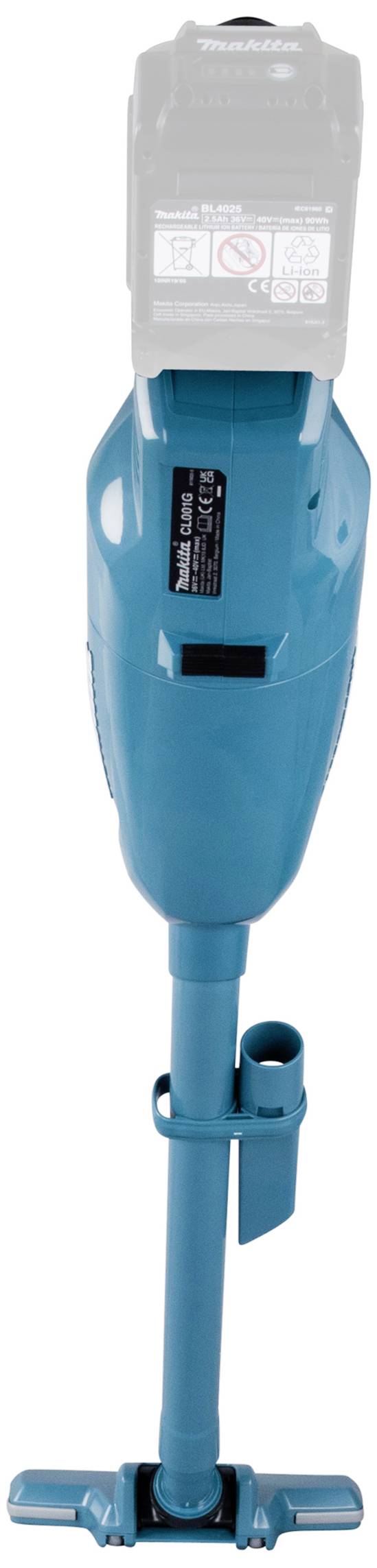 Ein blauer, tragbarer Staubsauger mit Griff und Aufnahmedüse, im Vordergrund fokussiert. Er dient zur Reinigung kleiner Flächen.