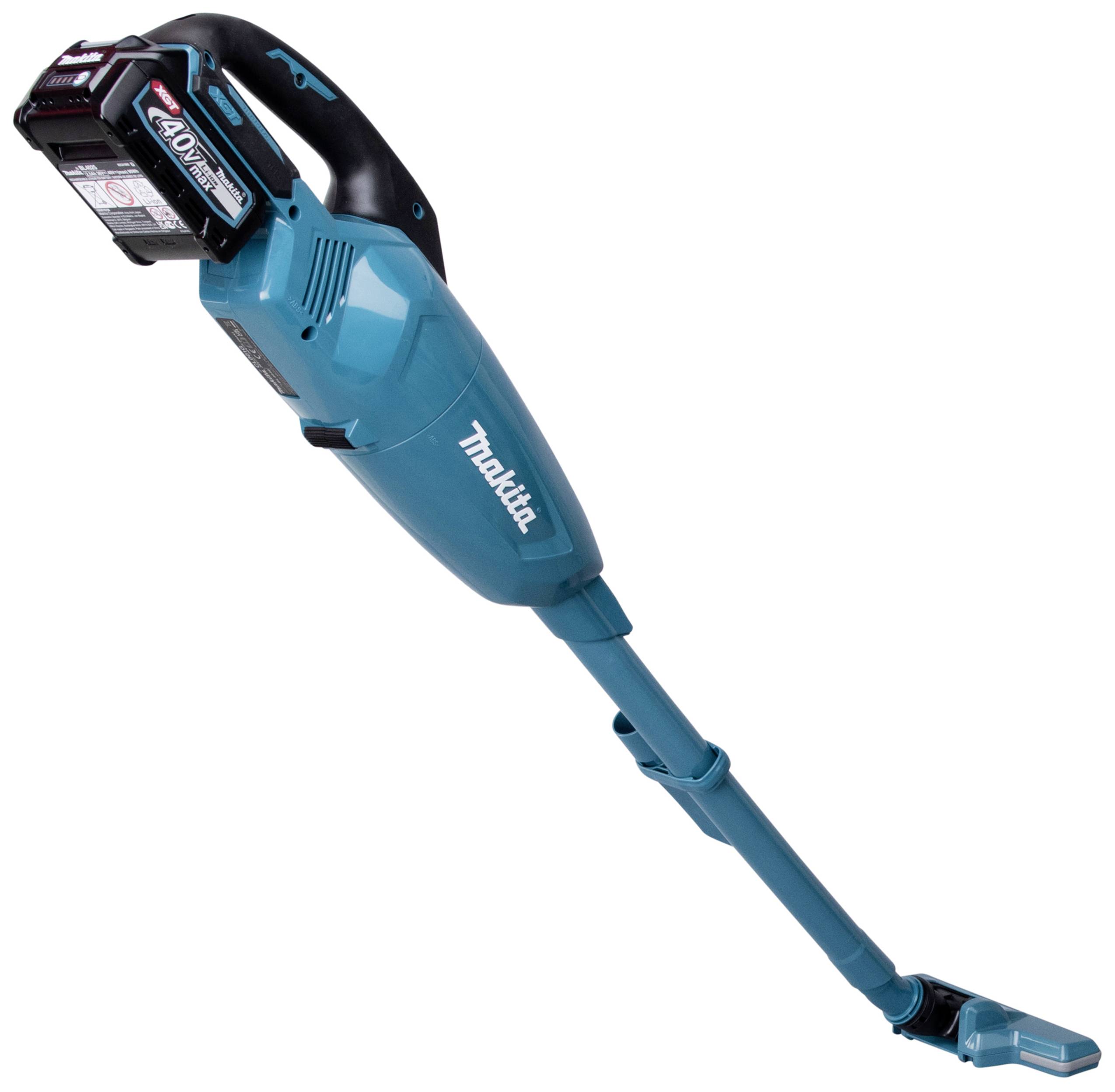 Ein blauer, kabelloser Handstaubsauger mit einem 40V-Akku. Geeignet zum schnellen Reinigen von Böden und schwer zugänglichen Stellen.