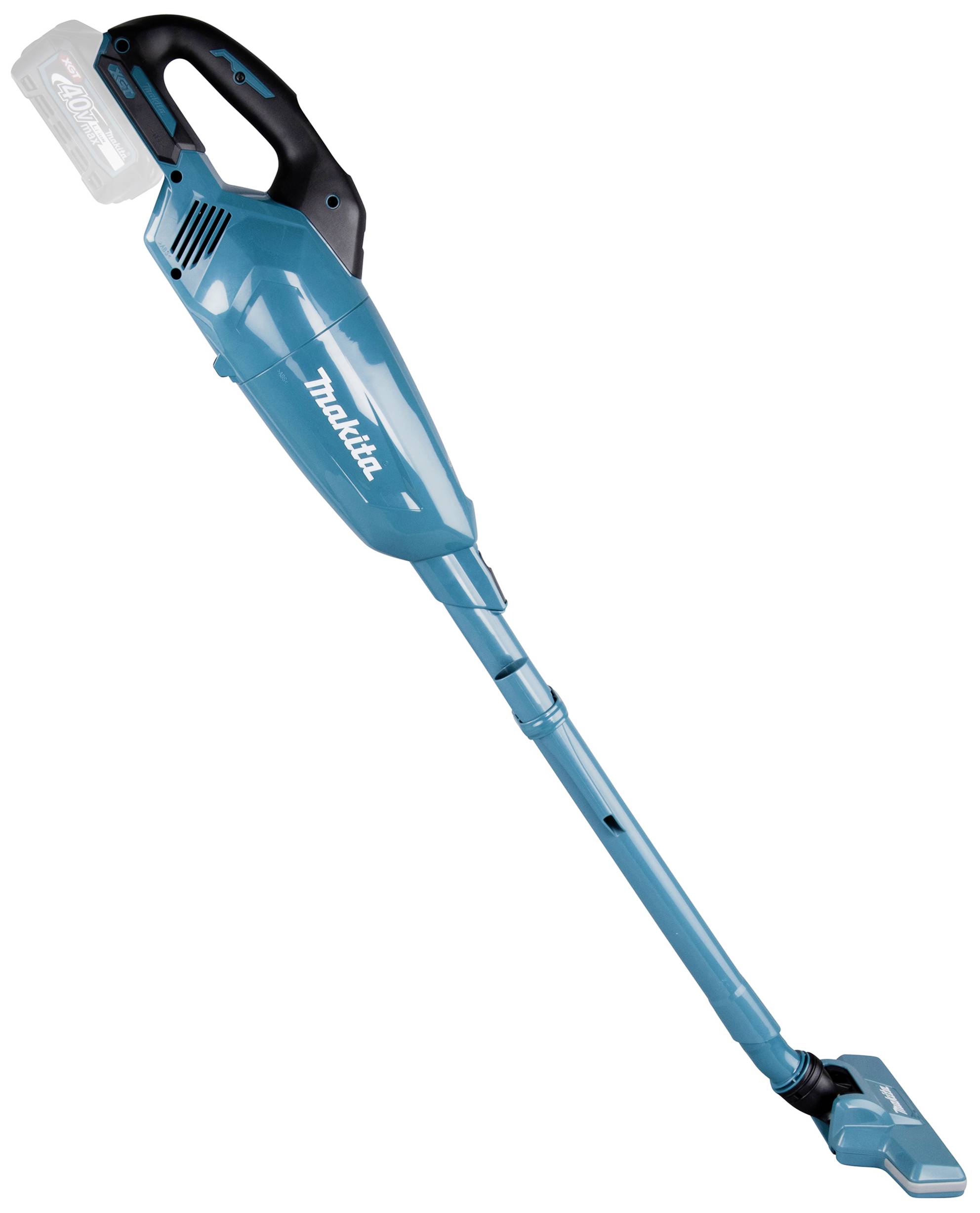 Akku-Staubsauger in Blau mit schwarzem Griff, ohne Kabel, mit austauschbarem Akkupack oben.